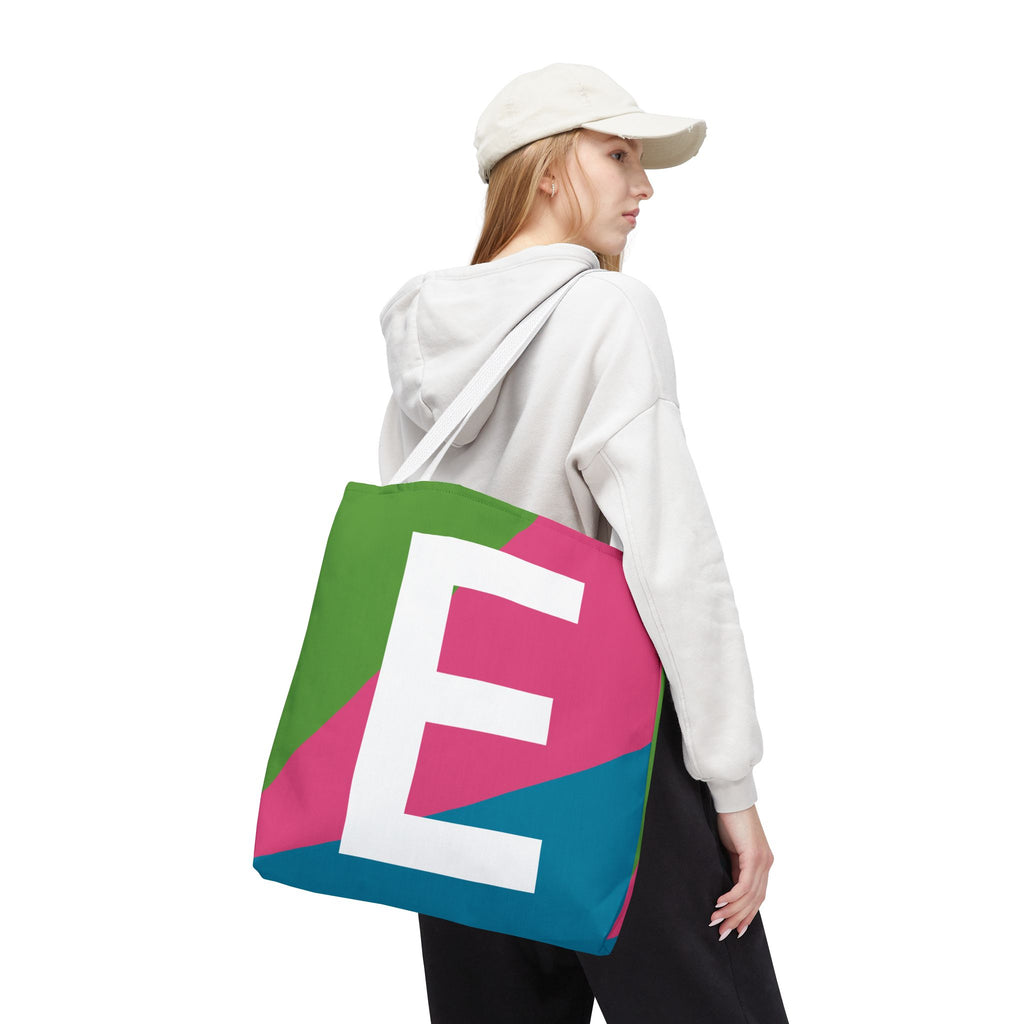 Monogram 'E' Colorblock Tote Bag — Personalized Initial E Shoulder Tote