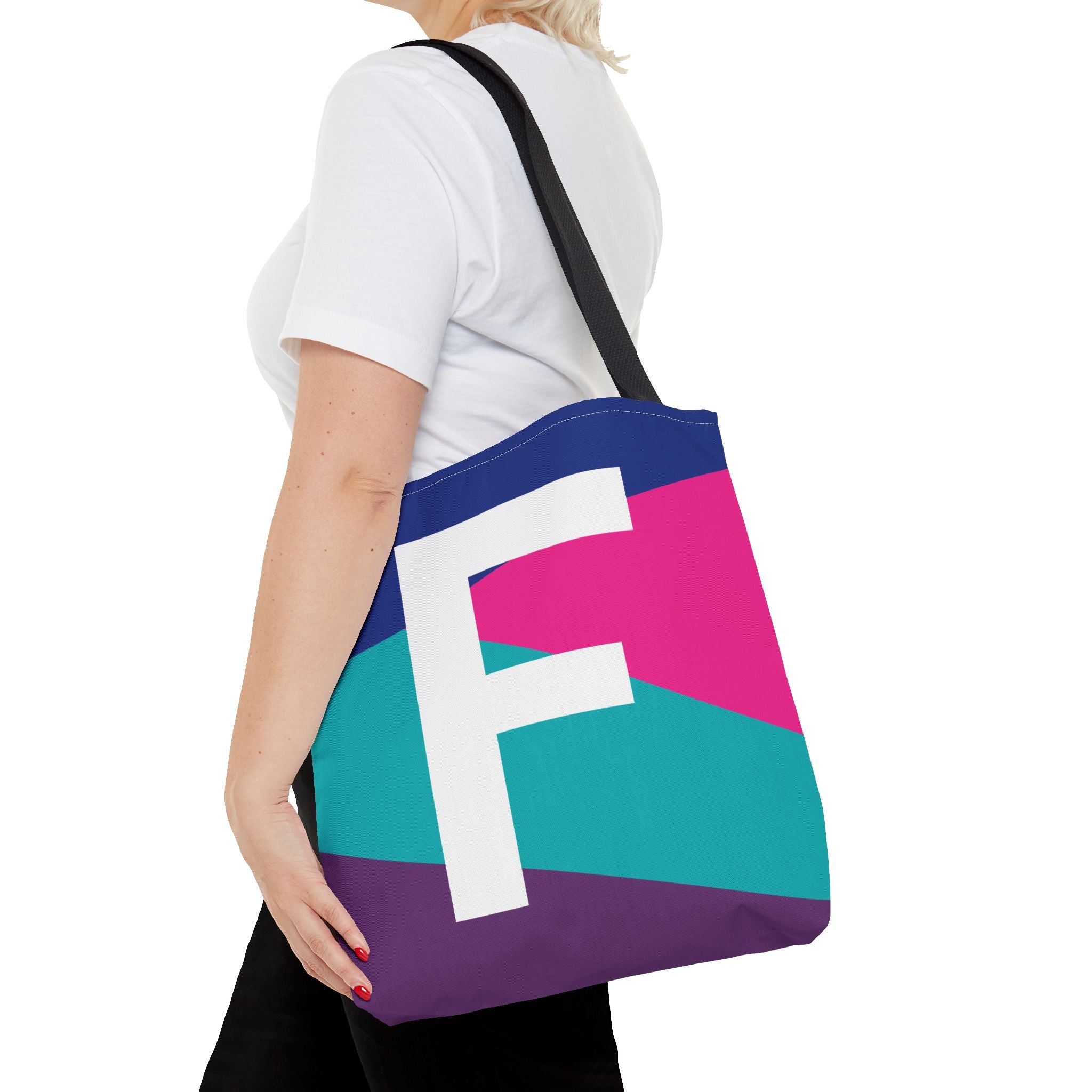 Monogram 'F' Colorblock Tote Bag — Personalized Initial F Shoulder Tote