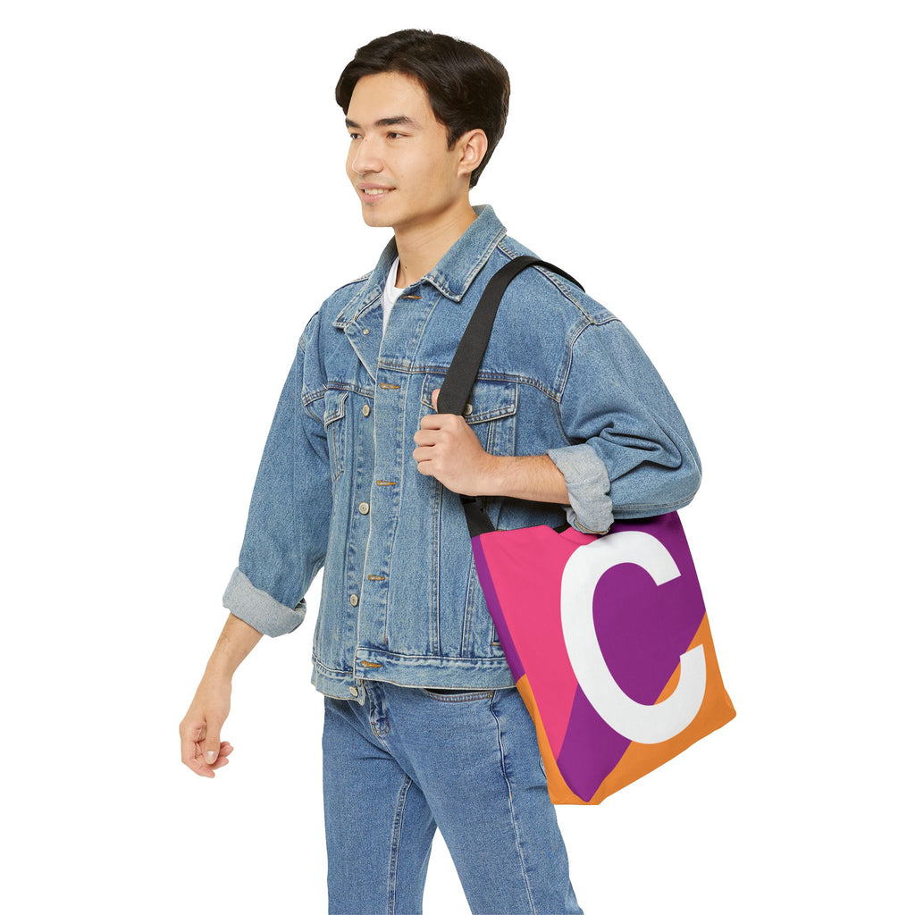 Initial Letter 'C' Colorblock Adjustable Tote Bag — Monogram Alphabet Shoulder Bag