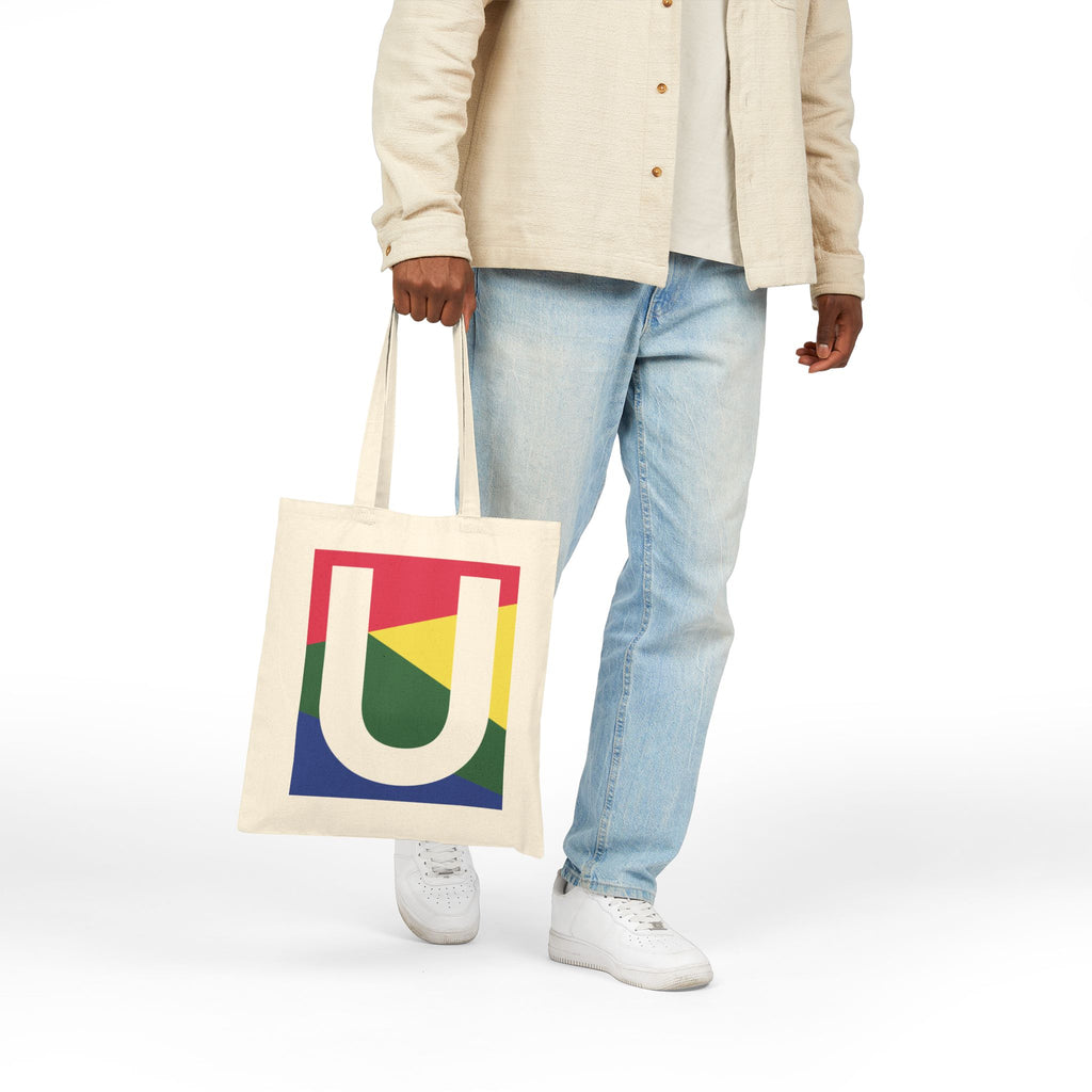 Initial U Colorblock Canvas Tote Bag — Monogram Letter U Reusable Grocery Tote