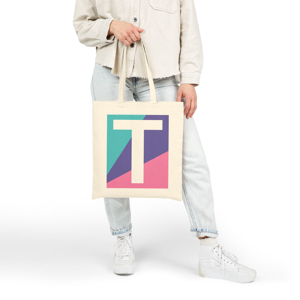 Initial T Colorblock Canvas Tote Bag — Monogram Letter T Reusable Grocery Tote