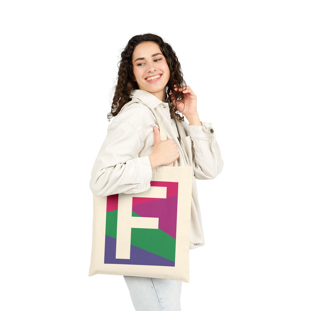 Initial F Colorblock Canvas Tote Bag — Monogram Letter F Reusable Grocery Tote