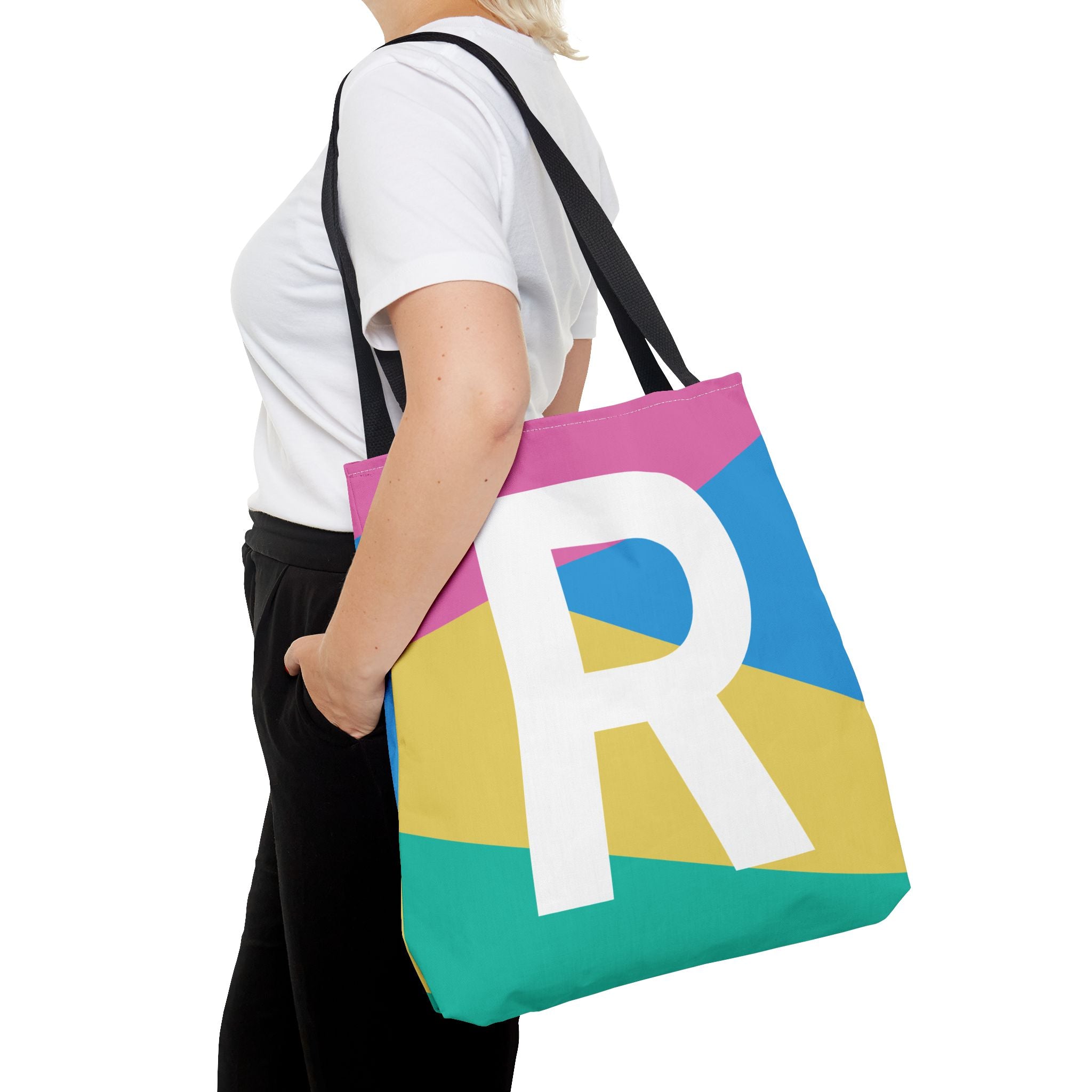 Monogram 'R' Colorblock Tote Bag — Personalized Initial R Shoulder Tote