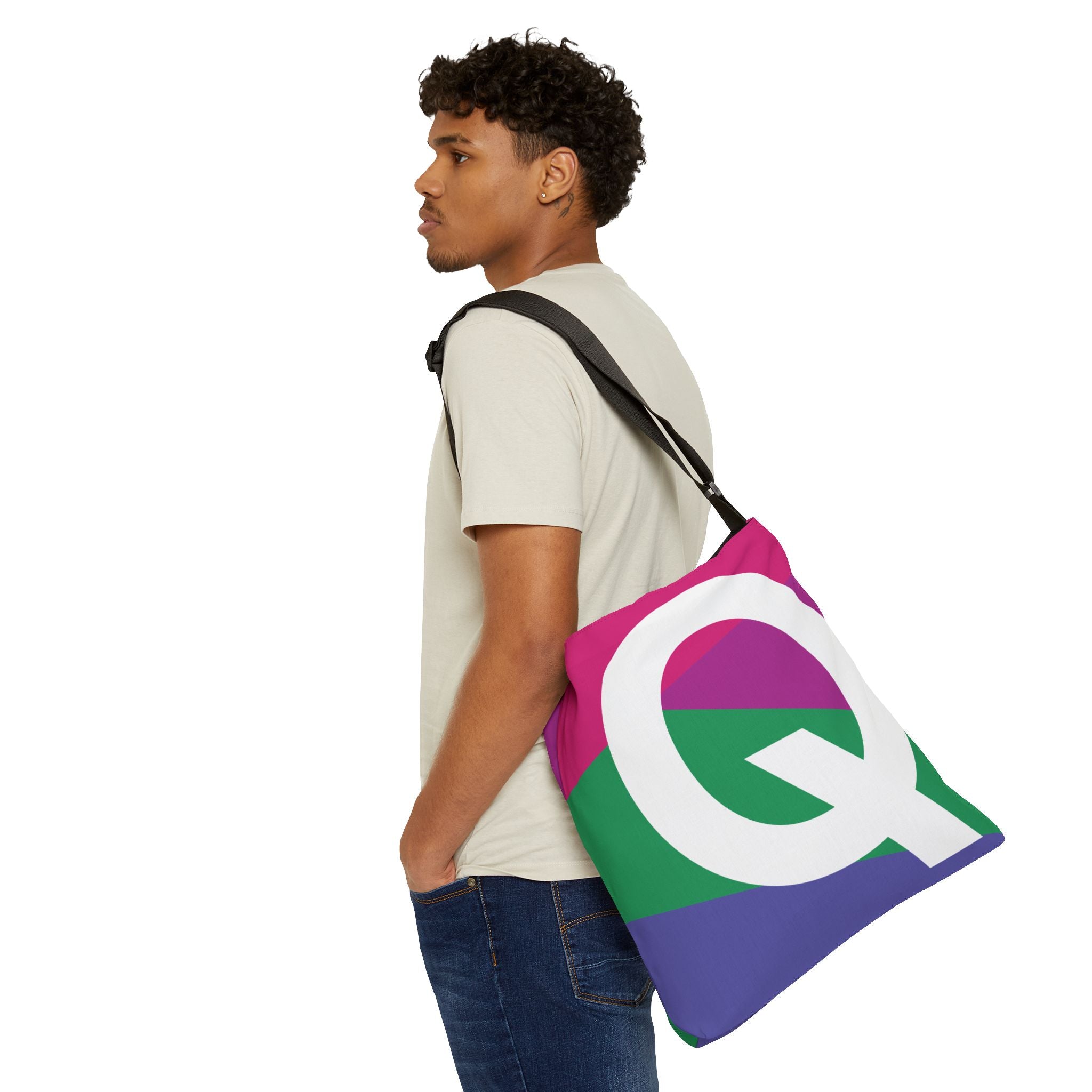 Initial Letter 'Q' Colorblock Adjustable Tote Bag — Monogram Alphabet Shoulder Bag