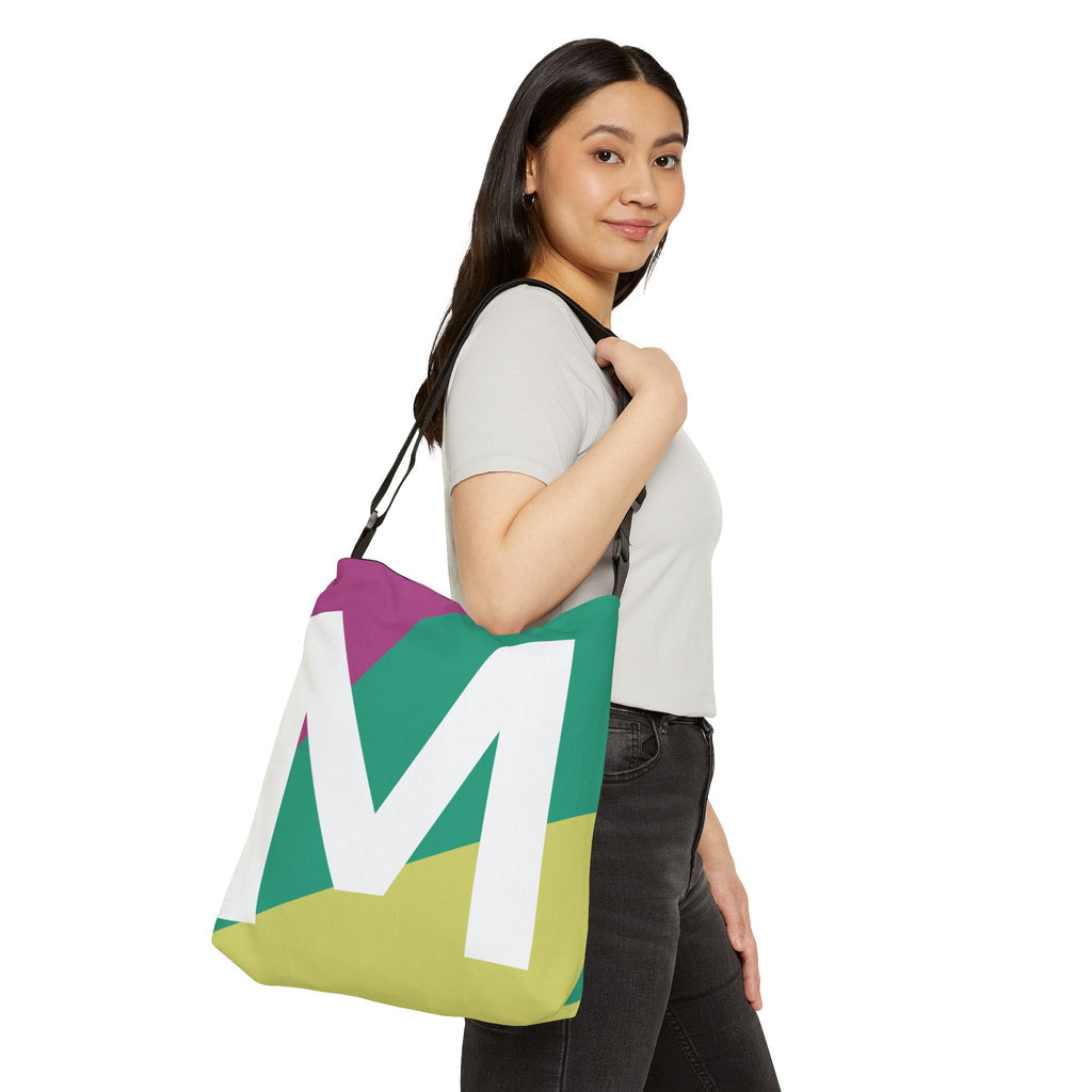 Initial Letter 'M' Colorblock Adjustable Tote Bag — Monogram Alphabet Shoulder Bag