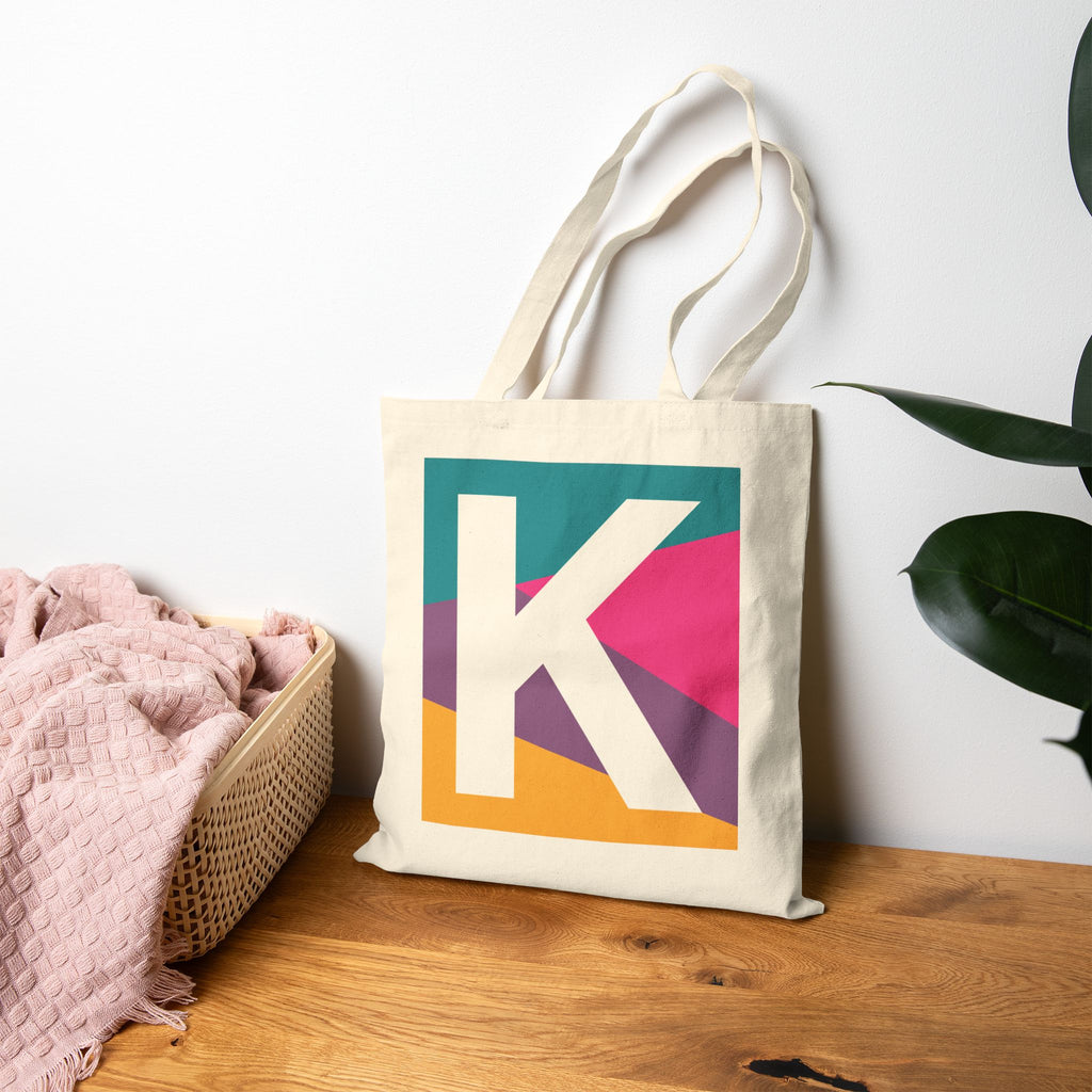 Initial K Colorblock Canvas Tote Bag — Monogram Letter K Reusable Grocery Tote