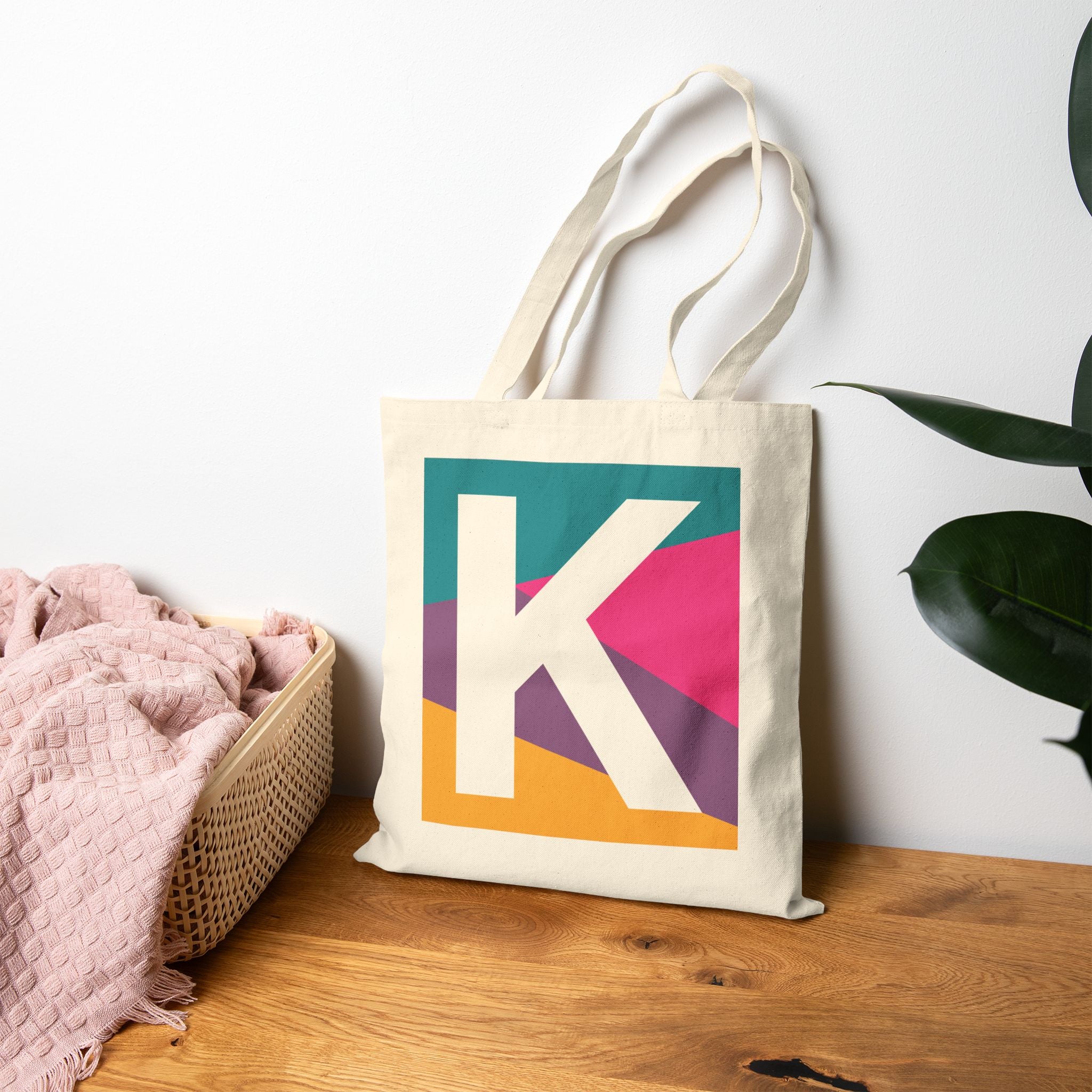 Initial K Colorblock Canvas Tote Bag — Monogram Letter K Reusable Grocery Tote