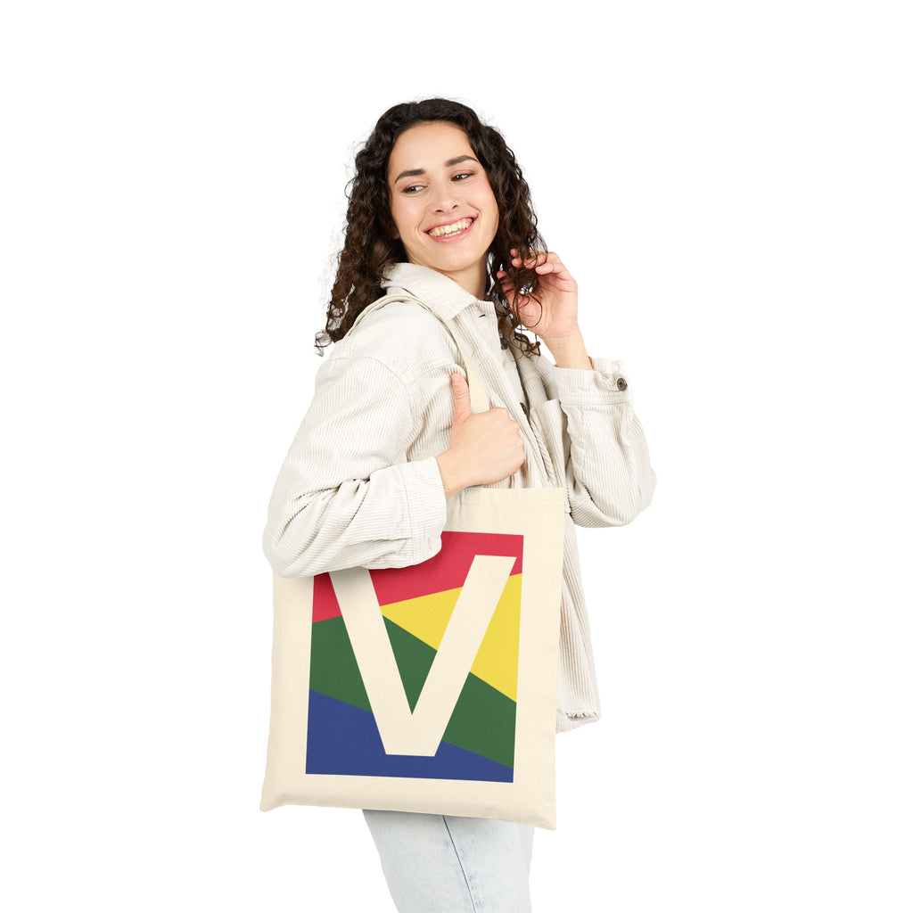 Initial V Colorblock Canvas Tote Bag — Monogram Letter V Reusable Grocery Tote