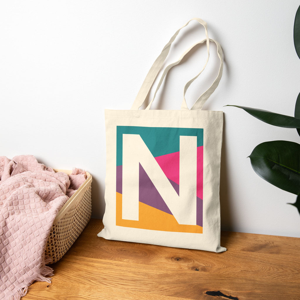 Initial N Colorblock Canvas Tote Bag — Monogram Letter N Reusable Grocery Tote