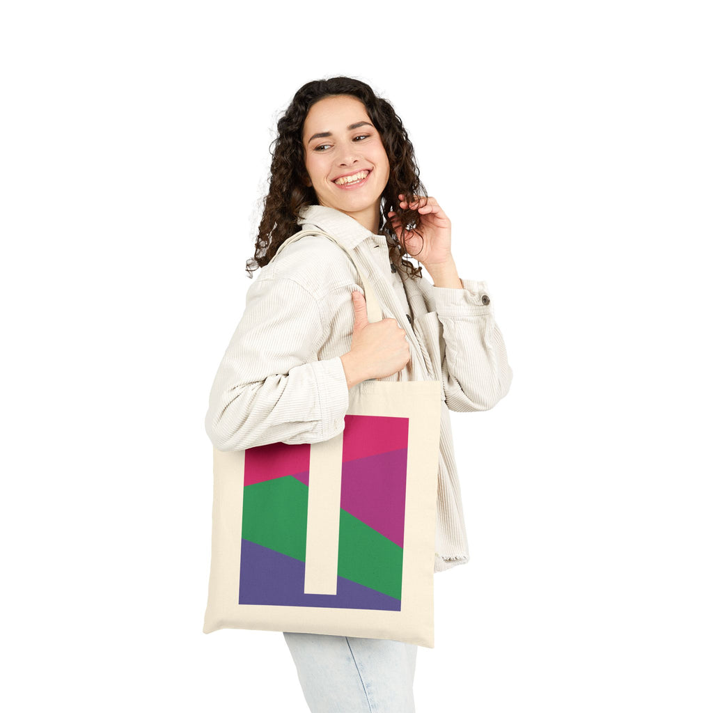 Initial I Colorblock Canvas Tote Bag — Monogram Letter I Reusable Grocery Tote