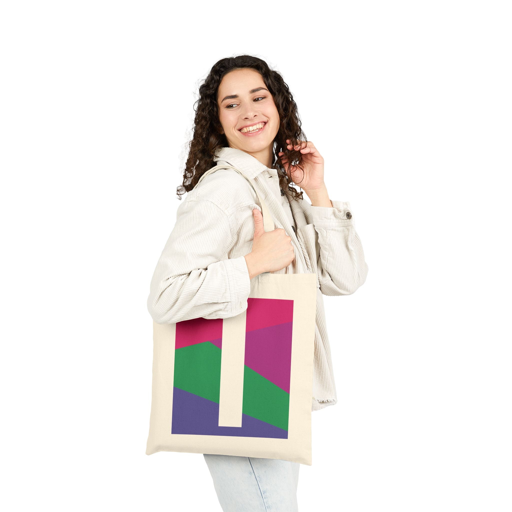 Initial I Colorblock Canvas Tote Bag — Monogram Letter I Reusable Grocery Tote