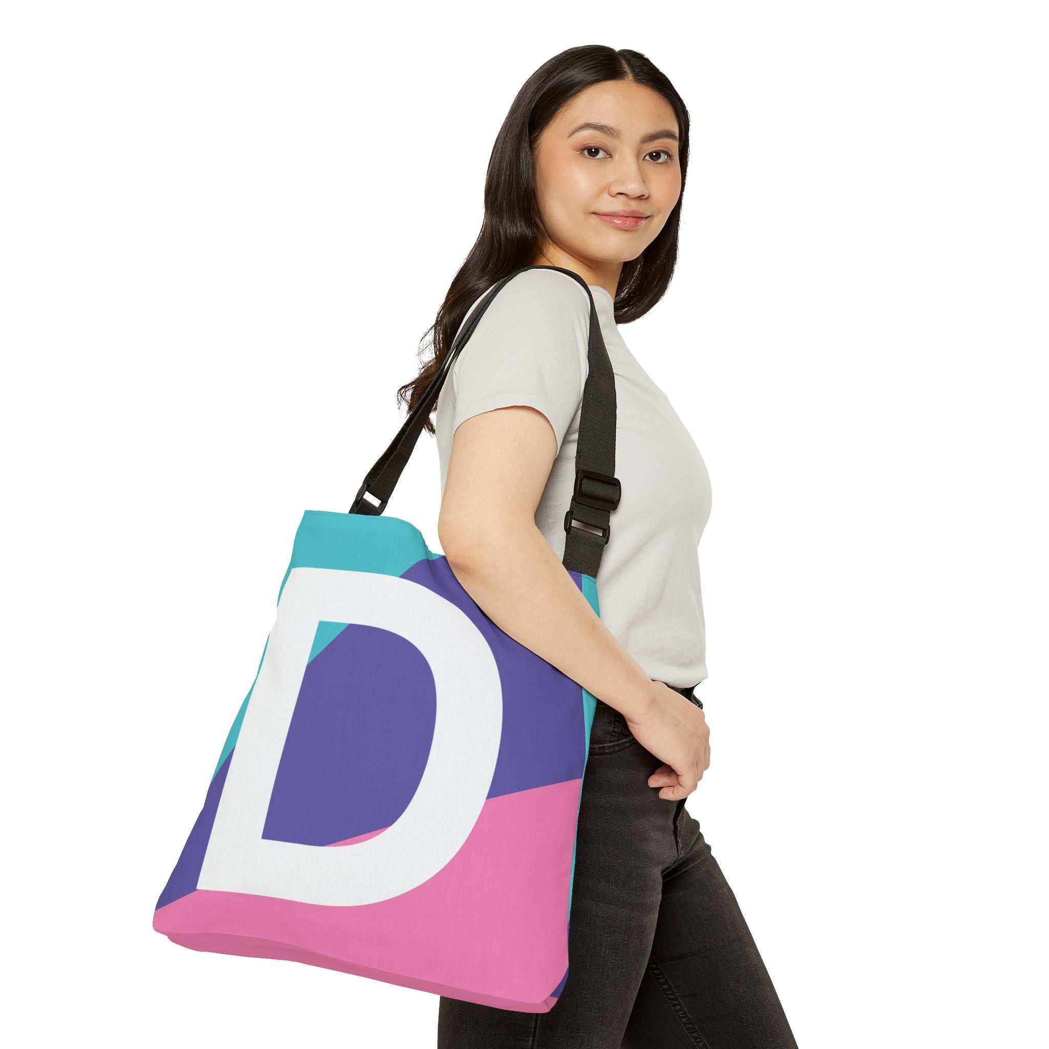 Initial Letter 'D' Colorblock Adjustable Tote Bag — Monogram Alphabet Shoulder Bag