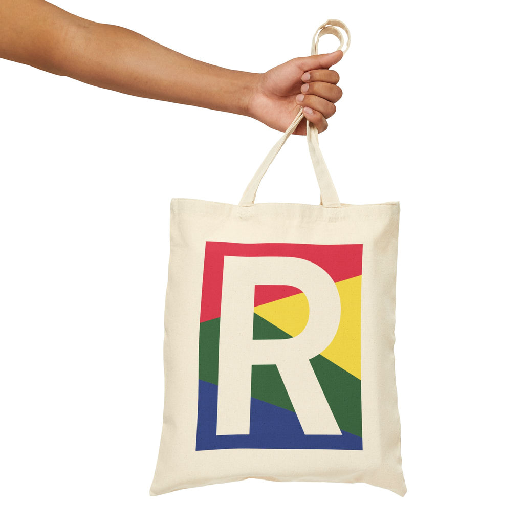 Initial R Colorblock Canvas Tote Bag — Monogram Letter R Reusable Grocery Tote