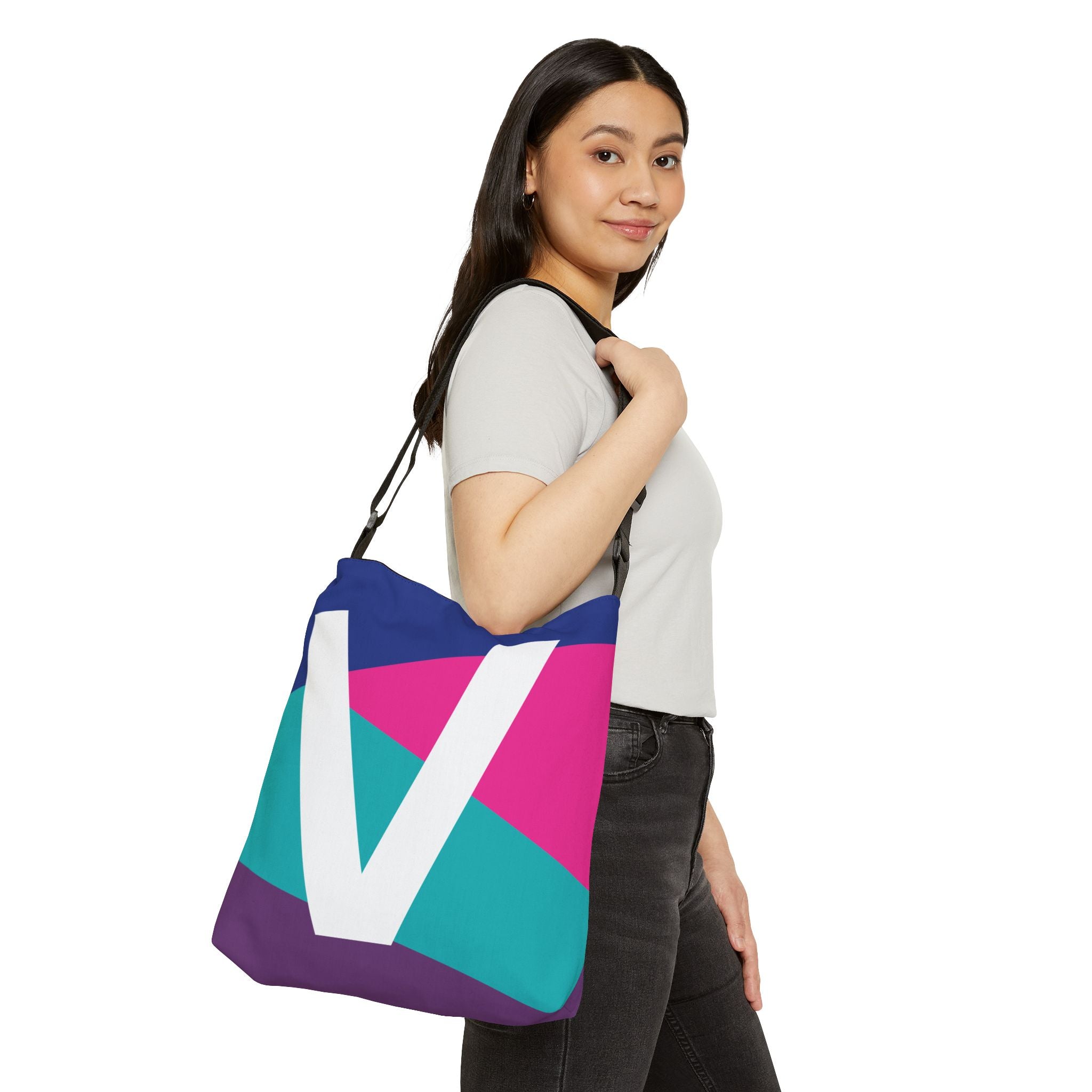 Initial Letter 'V' Colorblock Adjustable Tote Bag — Monogram Alphabet Shoulder Bag