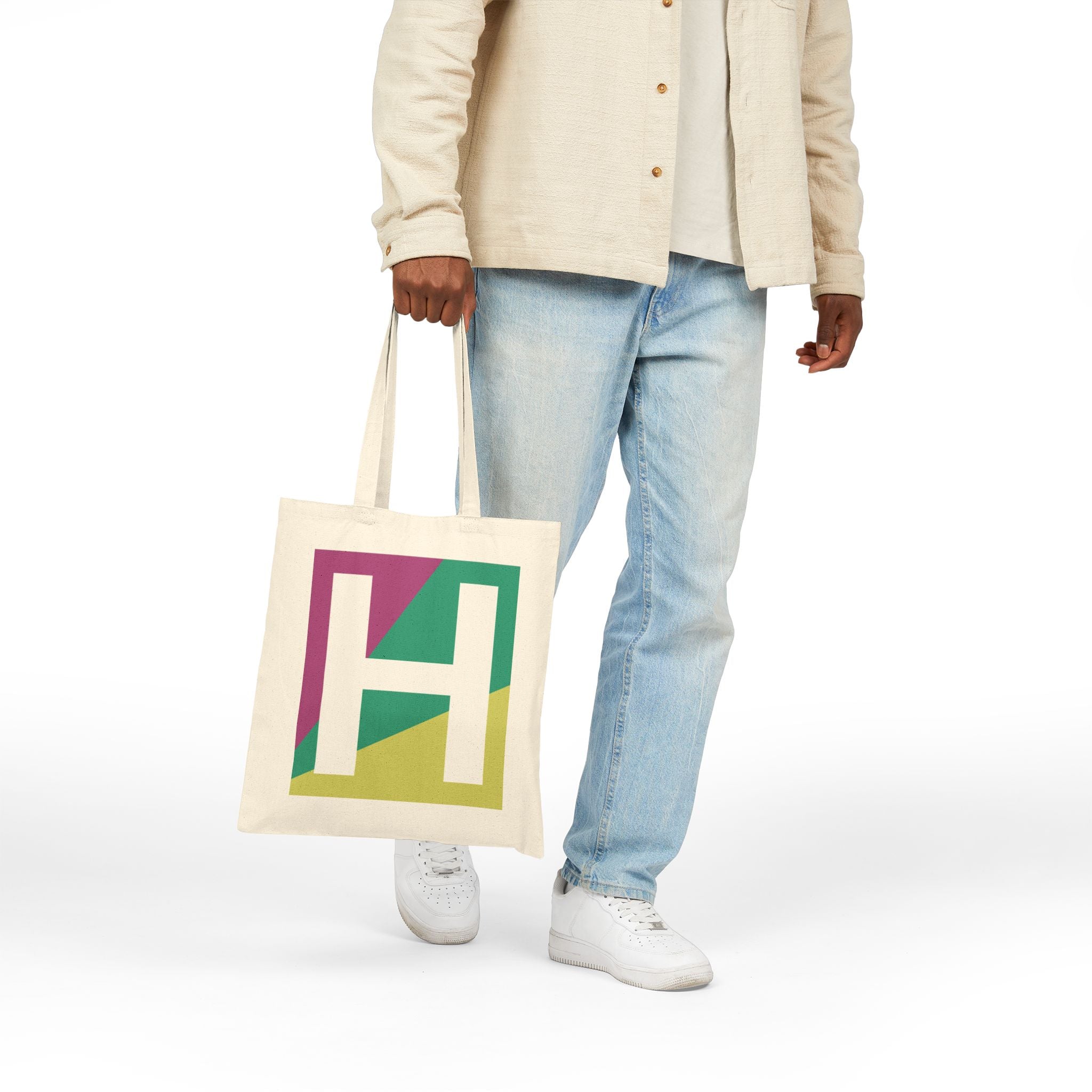 Initial H Colorblock Canvas Tote Bag — Monogram Letter H Reusable Grocery Tote