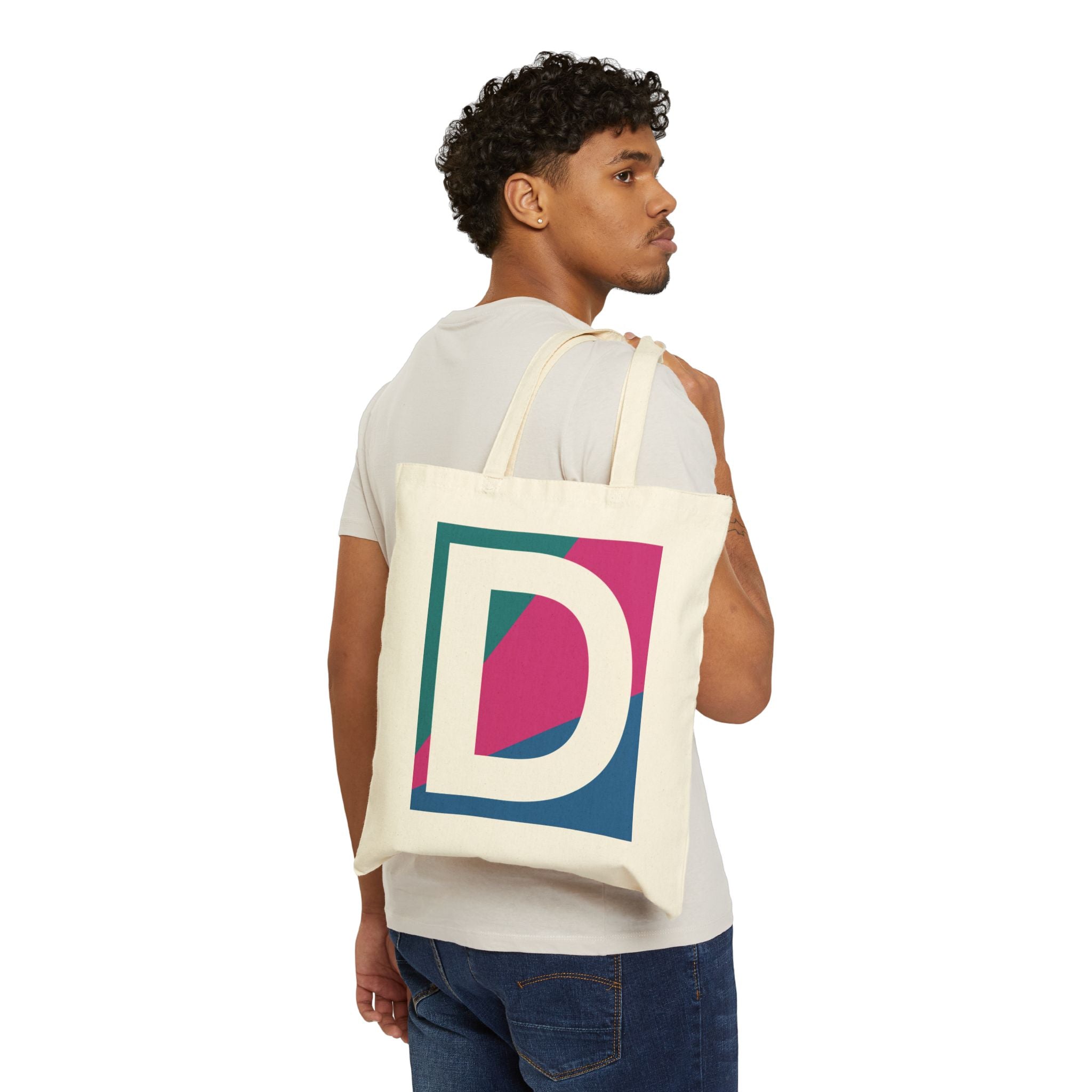 Initial D Colorblock Canvas Tote Bag — Monogram Letter D Reusable Grocery Tote