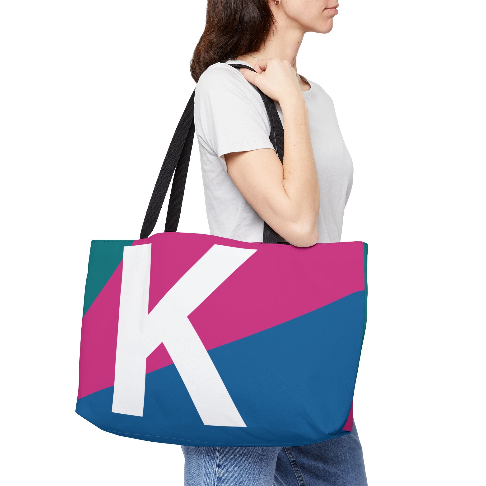 Personalized 'K' Colorblock Tote Bag — Monogram Weekender Tote