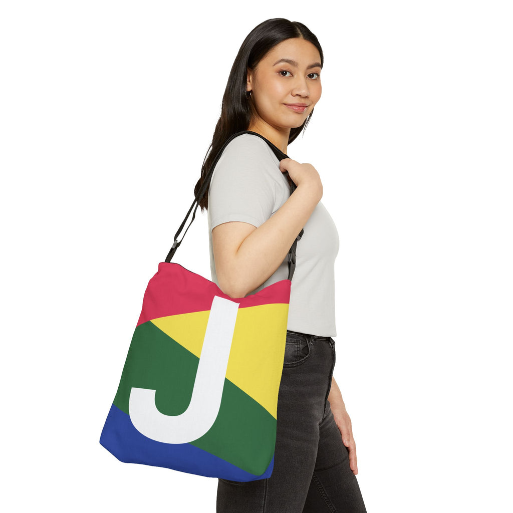 Initial Letter 'J' Colorblock Adjustable Tote Bag — Monogram Alphabet Shoulder Bag