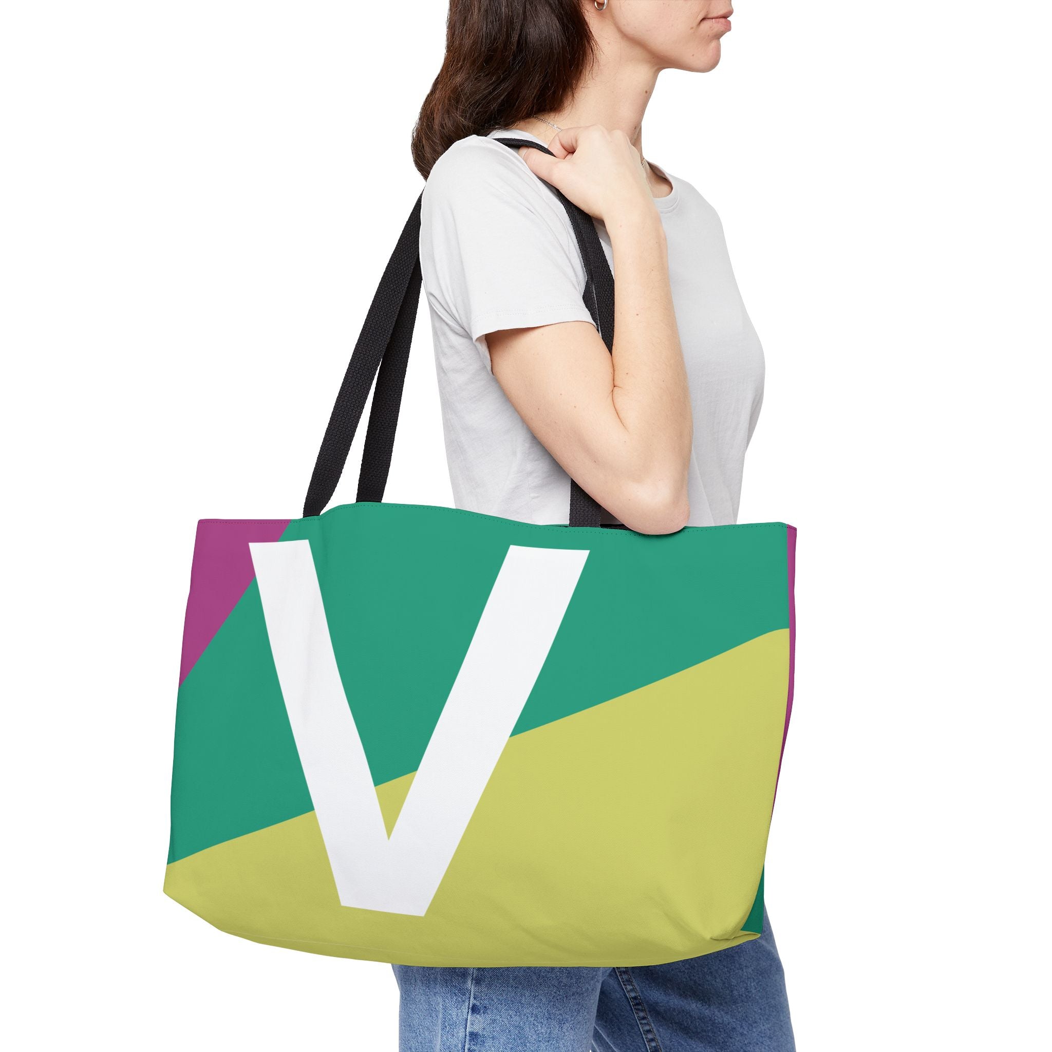 Personalized 'V' Colorblock Tote Bag — Monogram Weekender Tote
