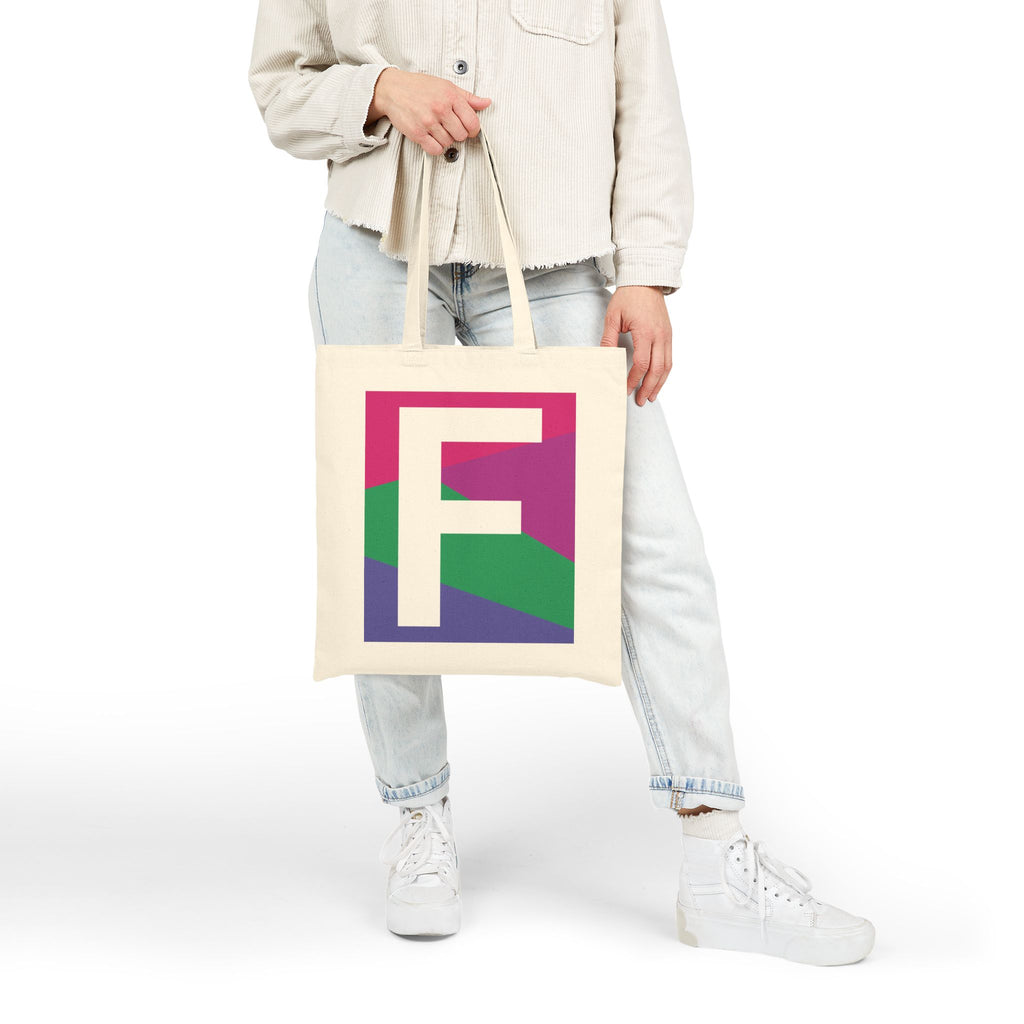 Initial F Colorblock Canvas Tote Bag — Monogram Letter F Reusable Grocery Tote