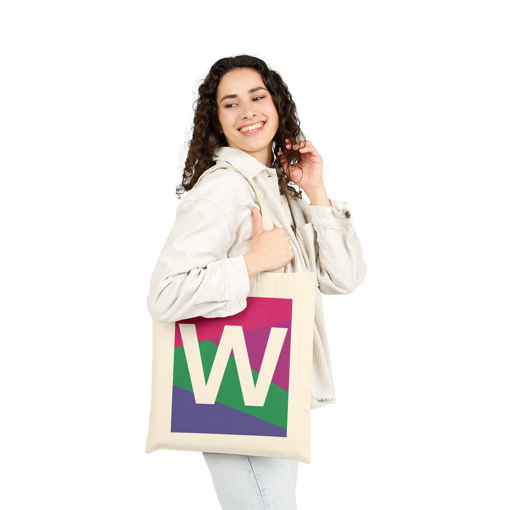 Initial W Colorblock Canvas Tote Bag — Monogram Letter W Reusable Grocery Tote