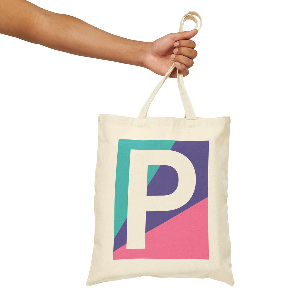 Initial P Colorblock Canvas Tote Bag — Monogram Letter P Reusable Grocery Tote