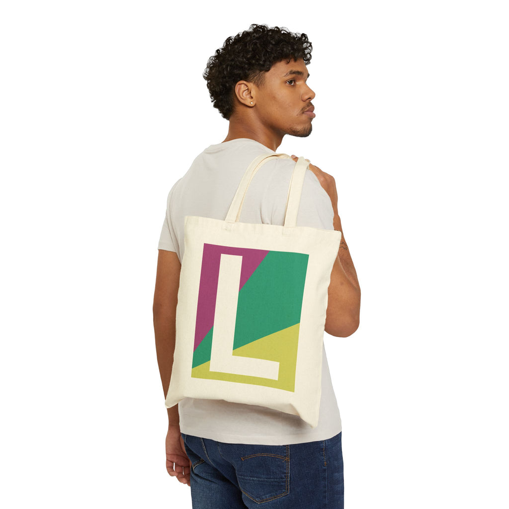 Initial L Colorblock Canvas Tote Bag — Monogram Letter L Reusable Grocery Tote