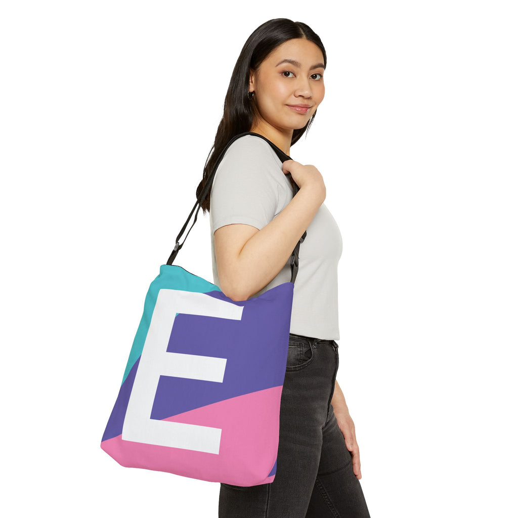 Initial Letter 'E' Colorblock Adjustable Tote Bag — Monogram Alphabet Shoulder Bag