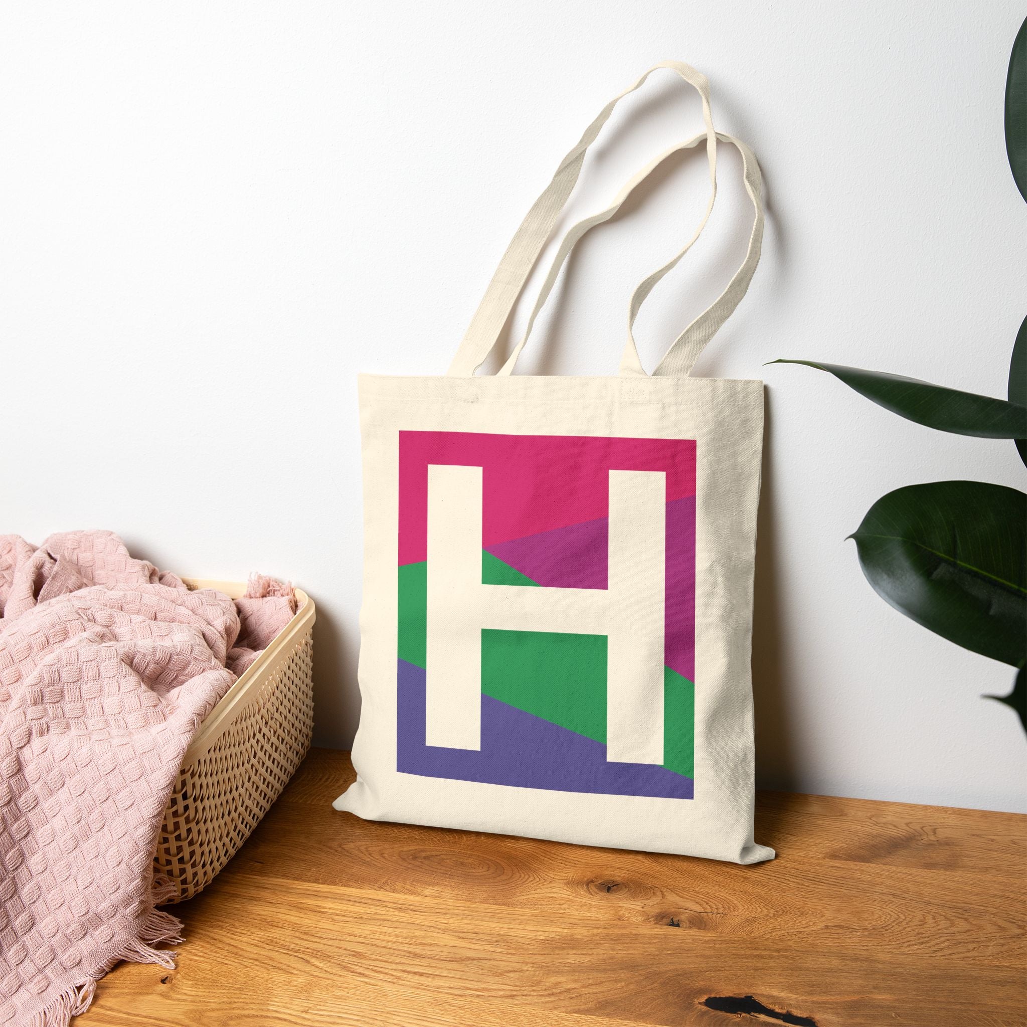 Initial H Colorblock Canvas Tote Bag — Monogram Letter H Reusable Grocery Tote