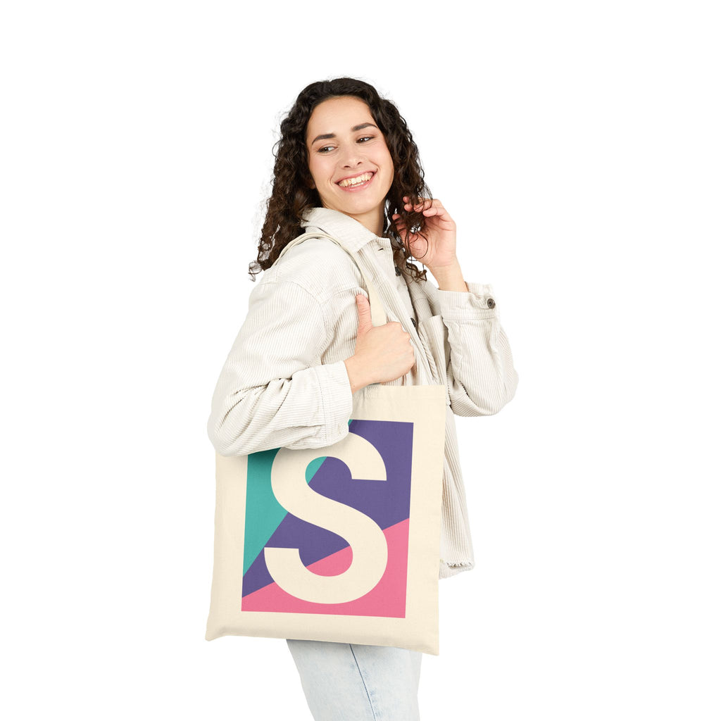 Initial S Colorblock Canvas Tote Bag — Monogram Letter S Reusable Grocery Tote