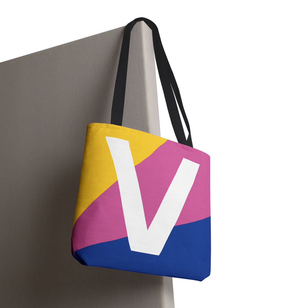 Monogram 'V' Colorblock Tote Bag — Personalized Initial V Shoulder Tote