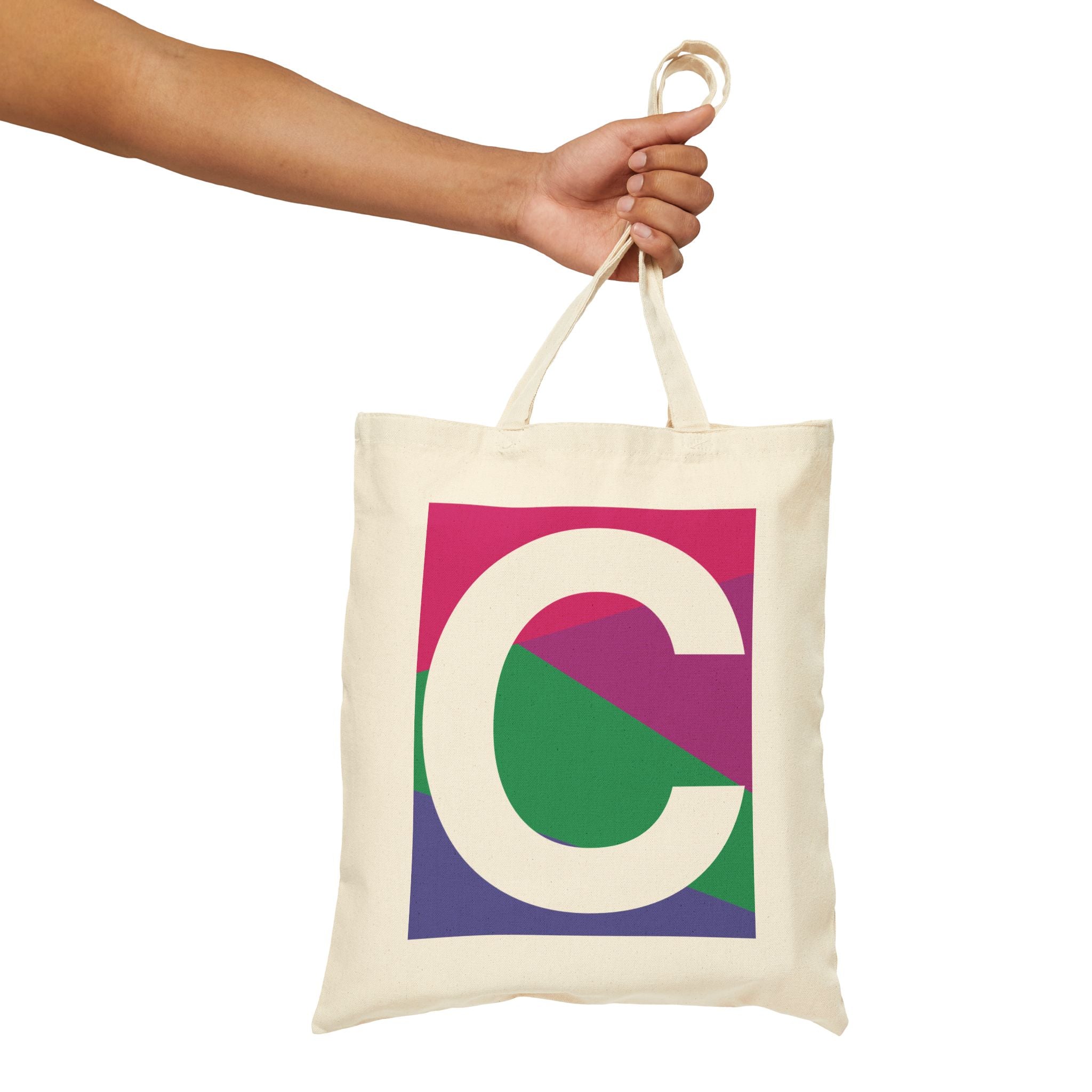 Initial C Colorblock Canvas Tote Bag — Monogram Letter C Reusable Grocery Tote