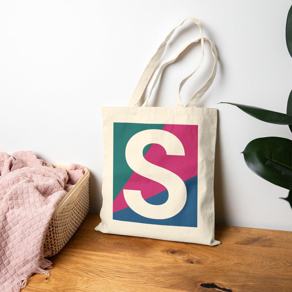 Initial S Colorblock Canvas Tote Bag — Monogram Letter S Reusable Grocery Tote
