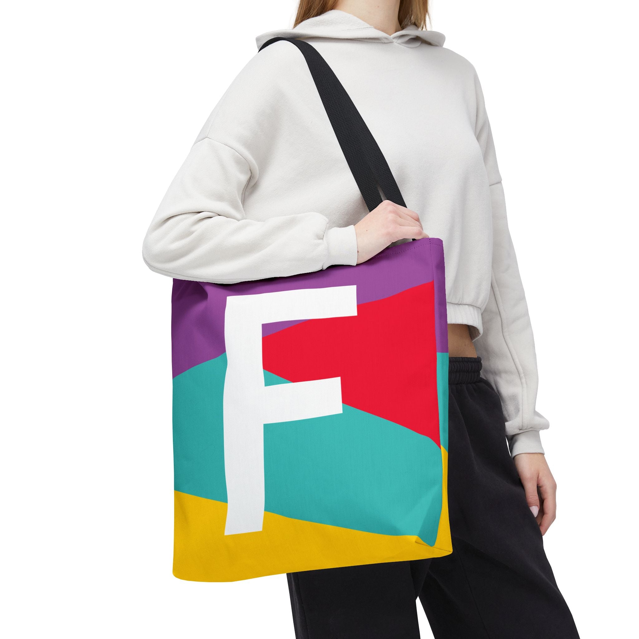 Monogram 'F' Colorblock Tote Bag — Personalized Initial F Shoulder Tote