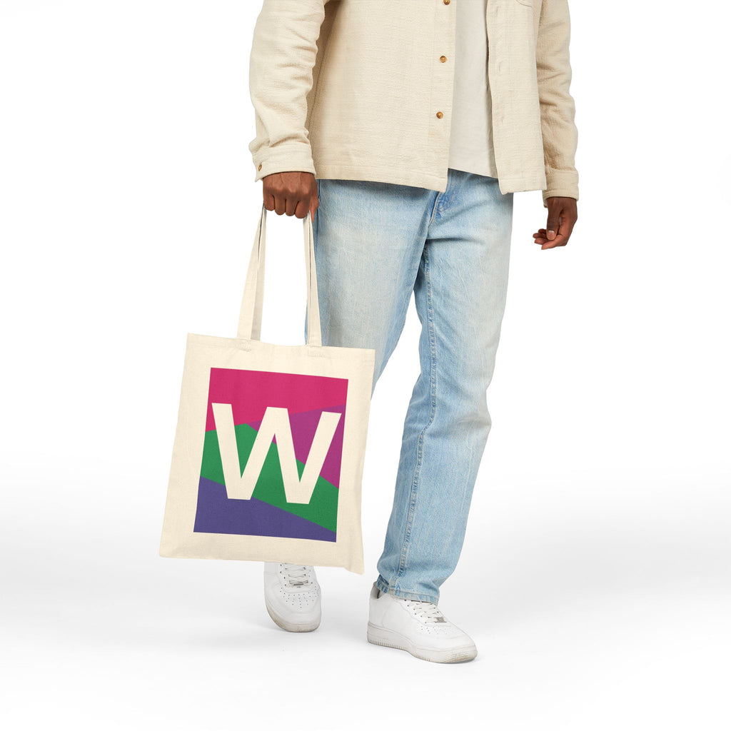 Initial W Colorblock Canvas Tote Bag — Monogram Letter W Reusable Grocery Tote