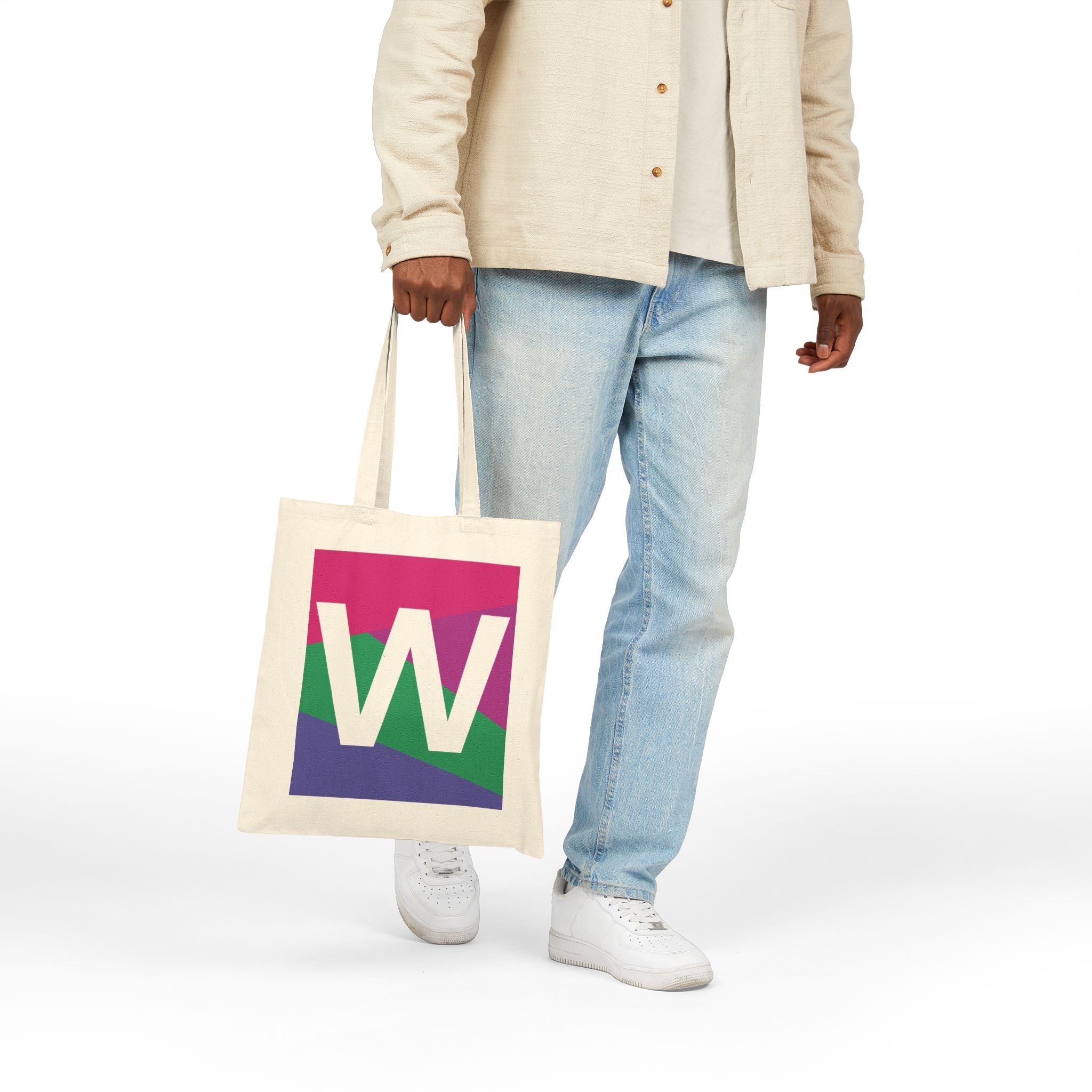 Initial W Colorblock Canvas Tote Bag — Monogram Letter W Reusable Grocery Tote
