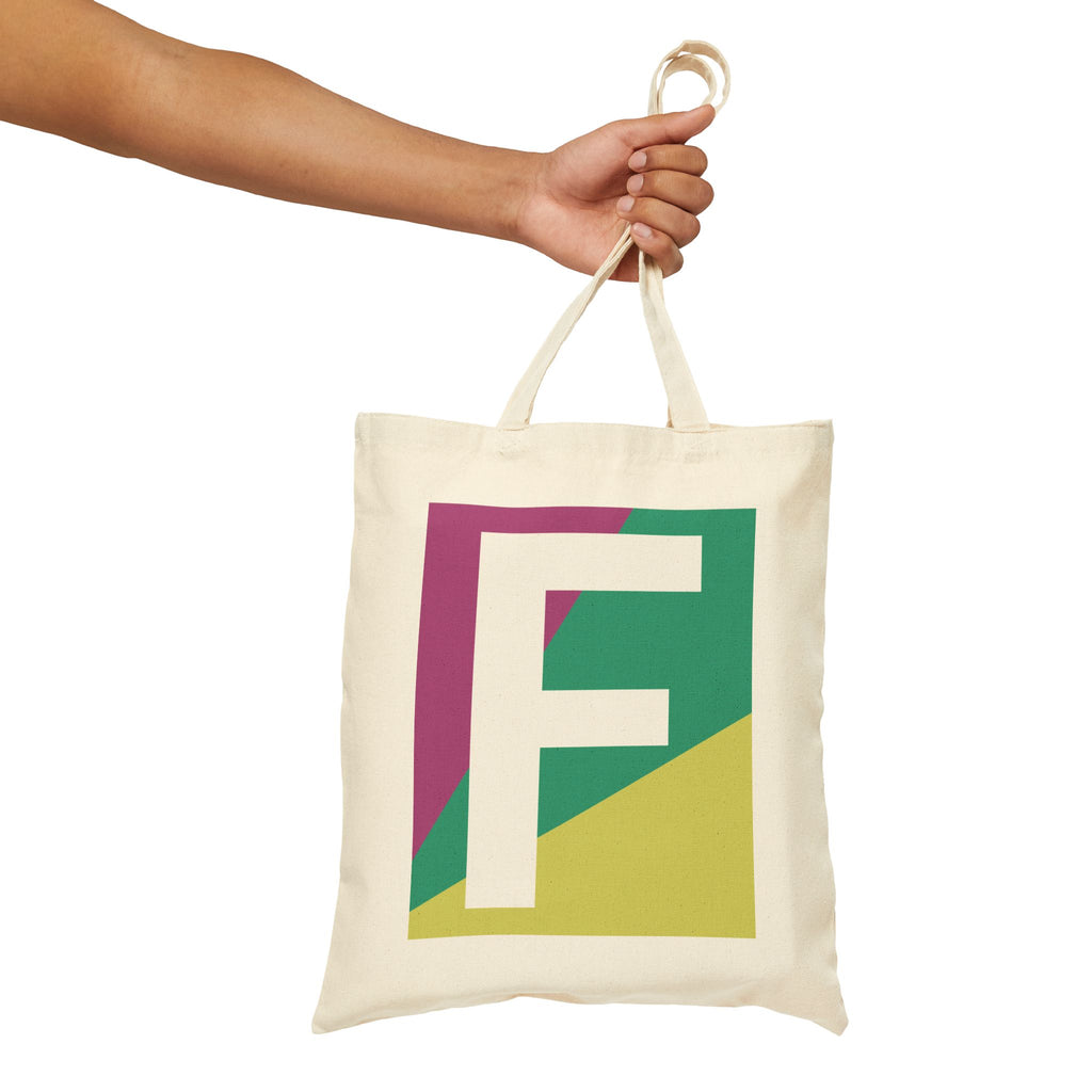 Initial F Colorblock Canvas Tote Bag — Monogram Letter F Reusable Grocery Tote