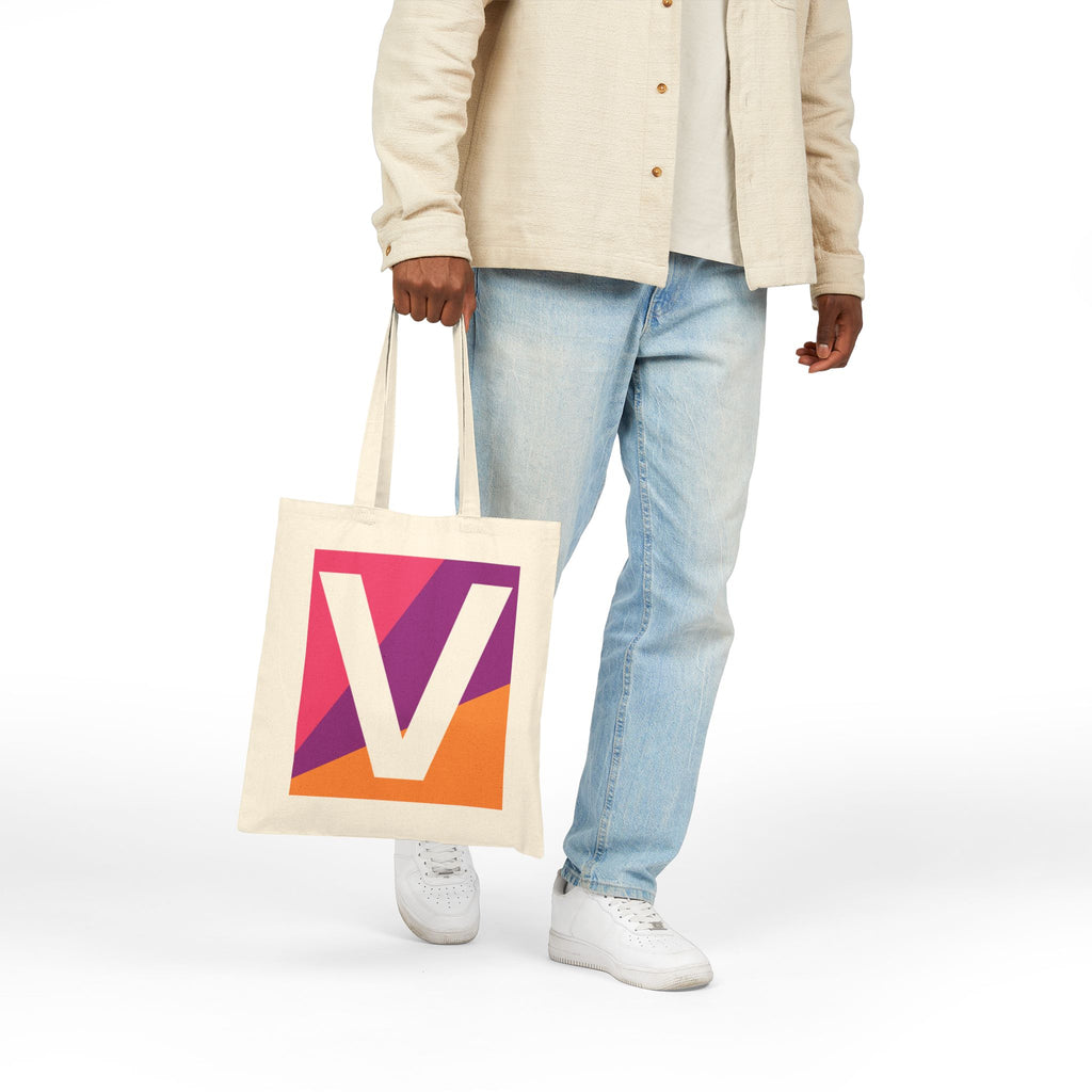 Initial V Colorblock Canvas Tote Bag — Monogram Letter V Reusable Grocery Tote