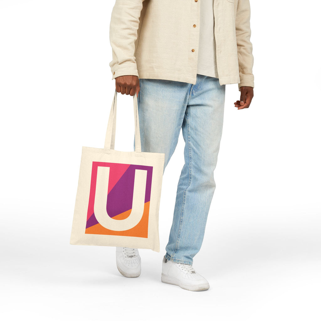 Initial U Colorblock Canvas Tote Bag — Monogram Letter U Reusable Grocery Tote