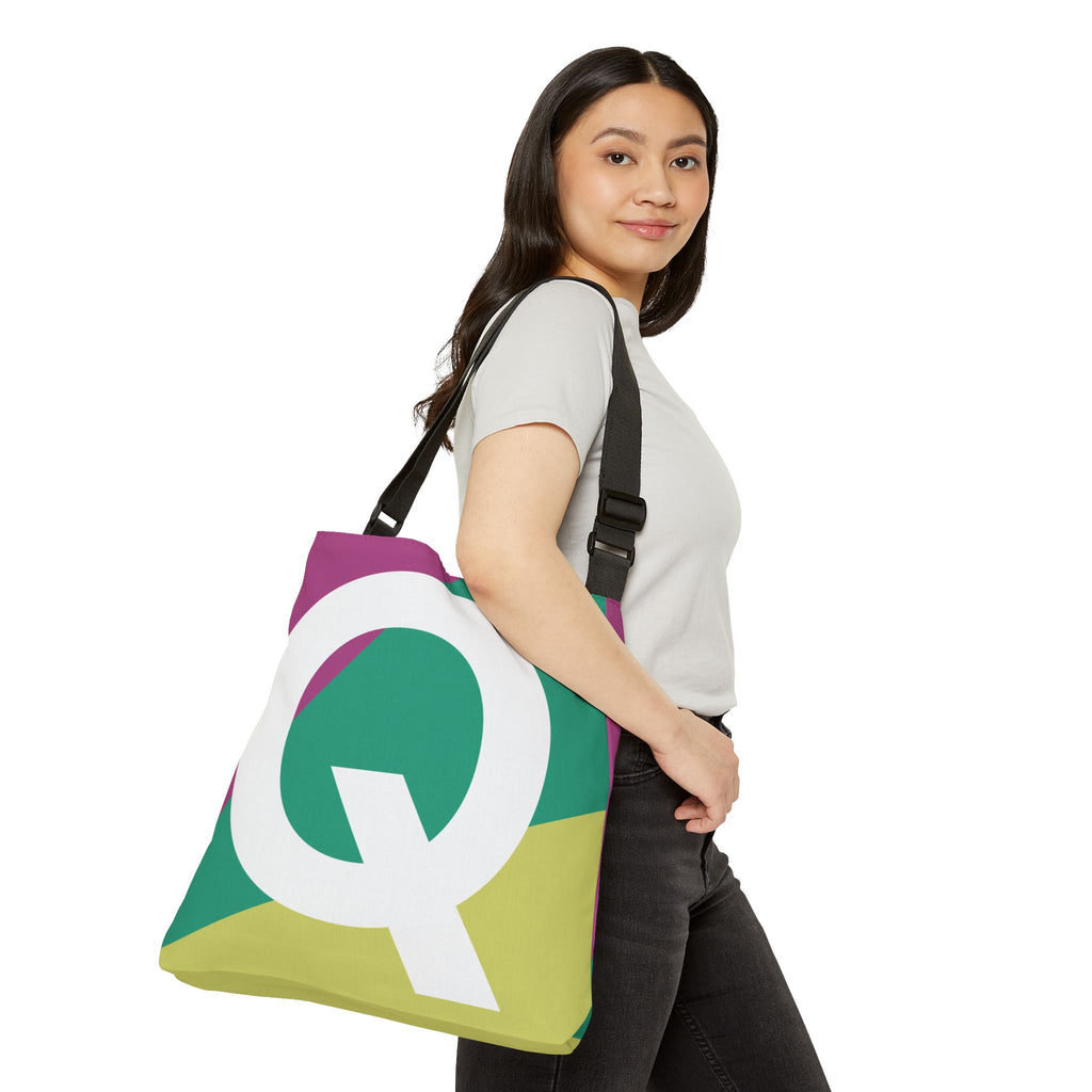 Initial Letter 'Q' Colorblock Adjustable Tote Bag — Monogram Alphabet Shoulder Bag