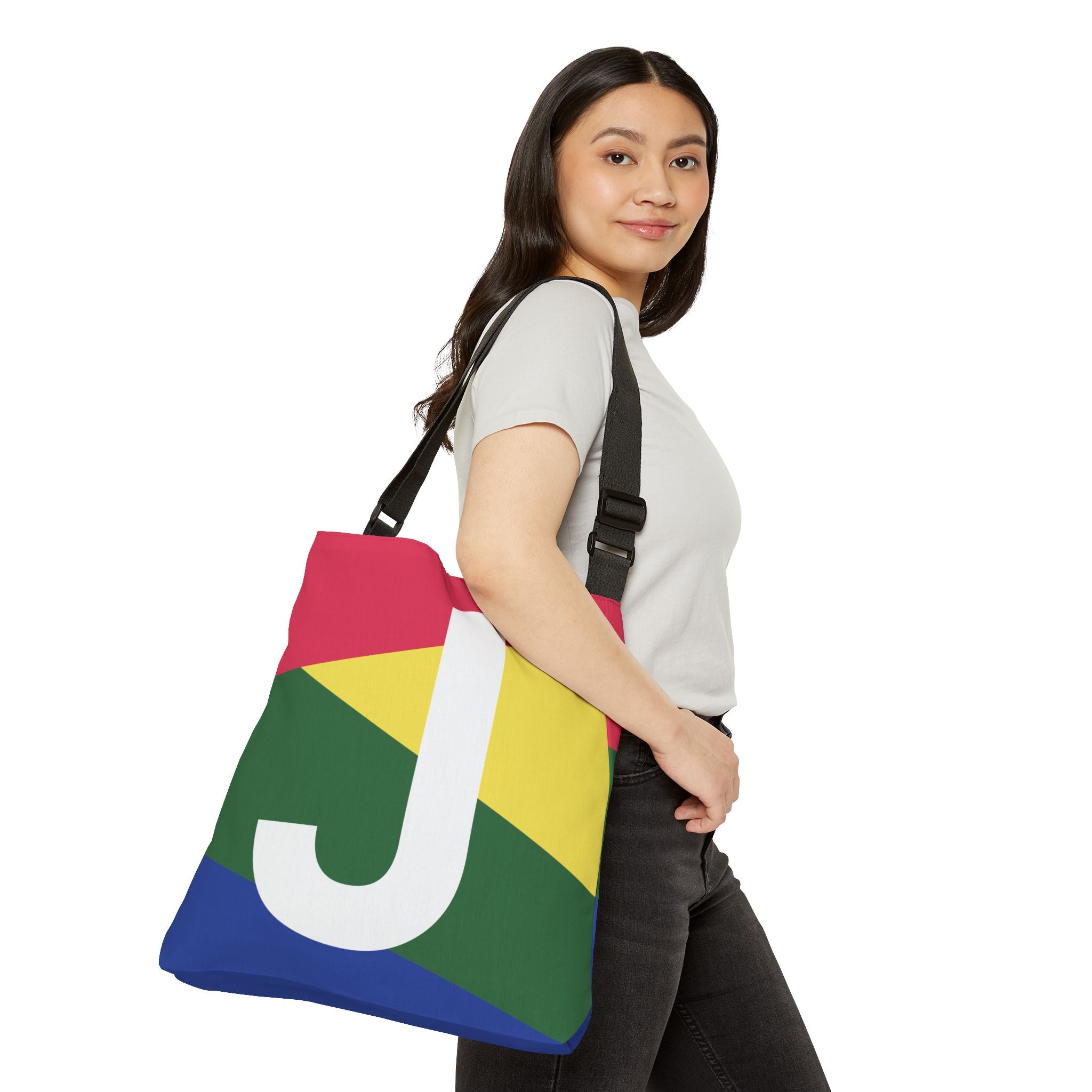 Initial Letter 'J' Colorblock Adjustable Tote Bag — Monogram Alphabet Shoulder Bag