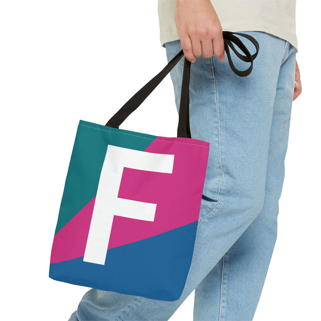 Monogram 'F' Colorblock Tote Bag — Personalized Initial F Shoulder Tote