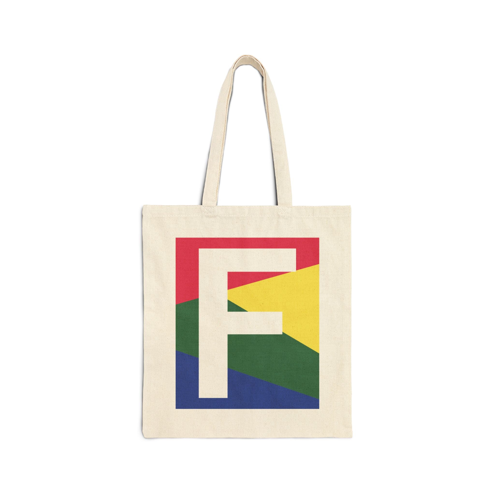 Initial F Colorblock Canvas Tote Bag — Monogram Letter F Reusable Grocery Tote