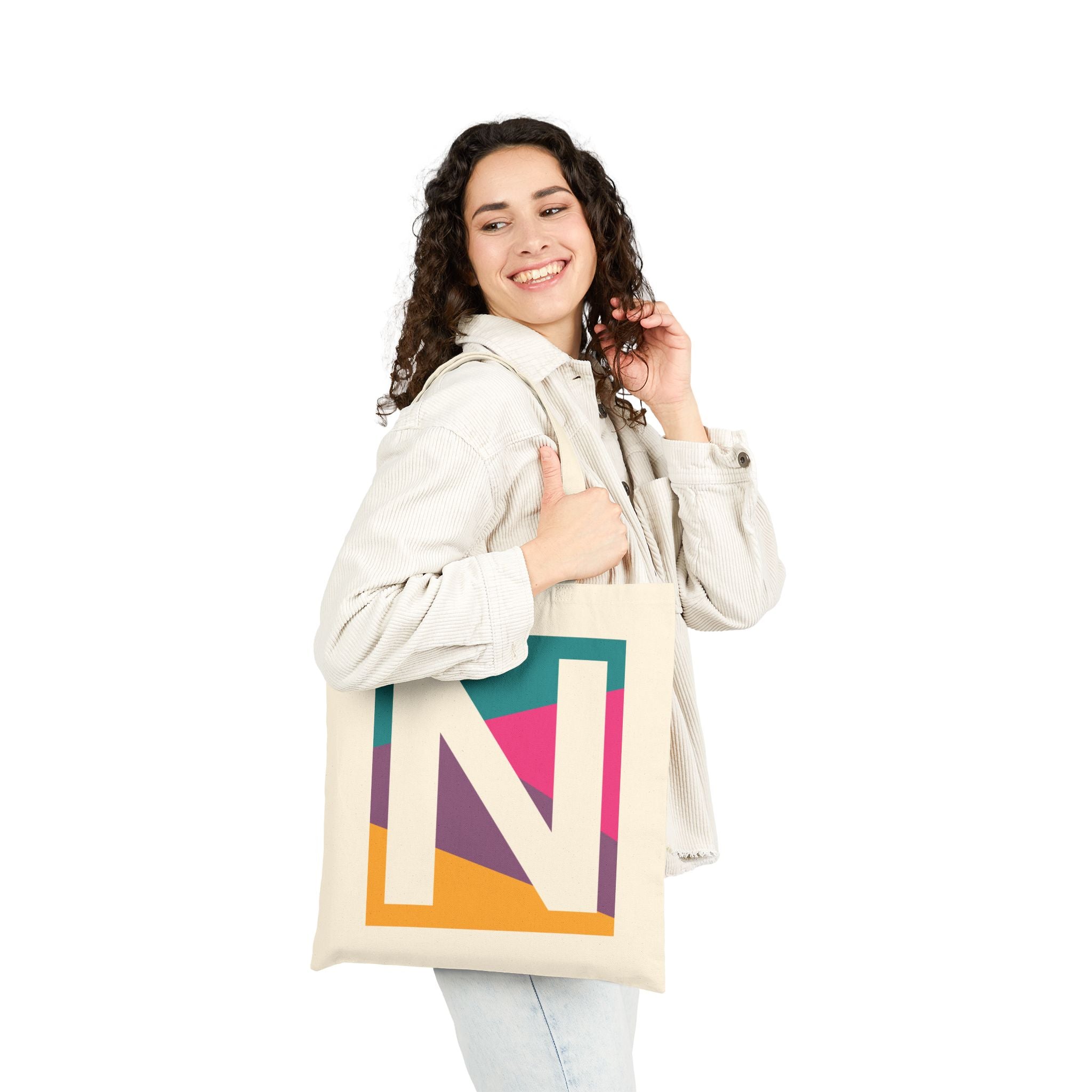 Initial N Colorblock Canvas Tote Bag — Monogram Letter N Reusable Grocery Tote