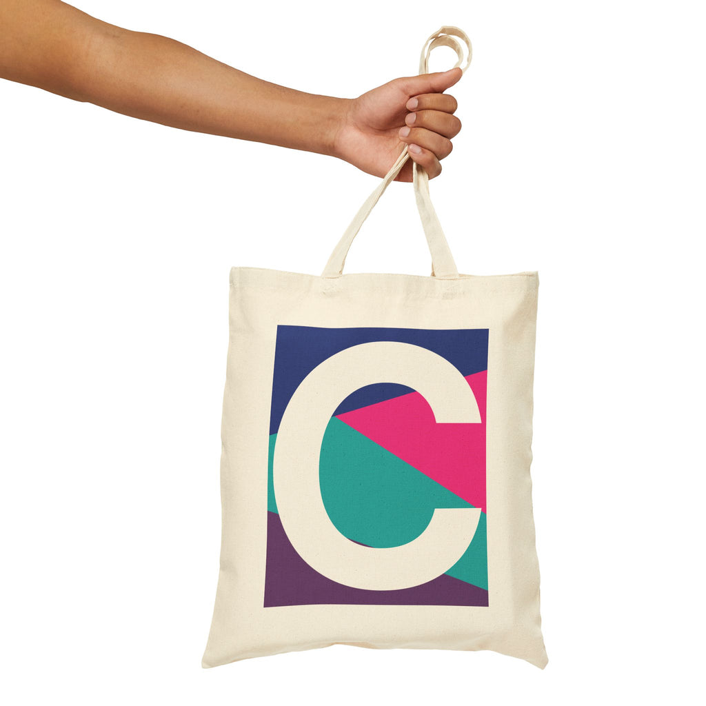 Initial C Colorblock Canvas Tote Bag — Monogram Letter C Reusable Grocery Tote