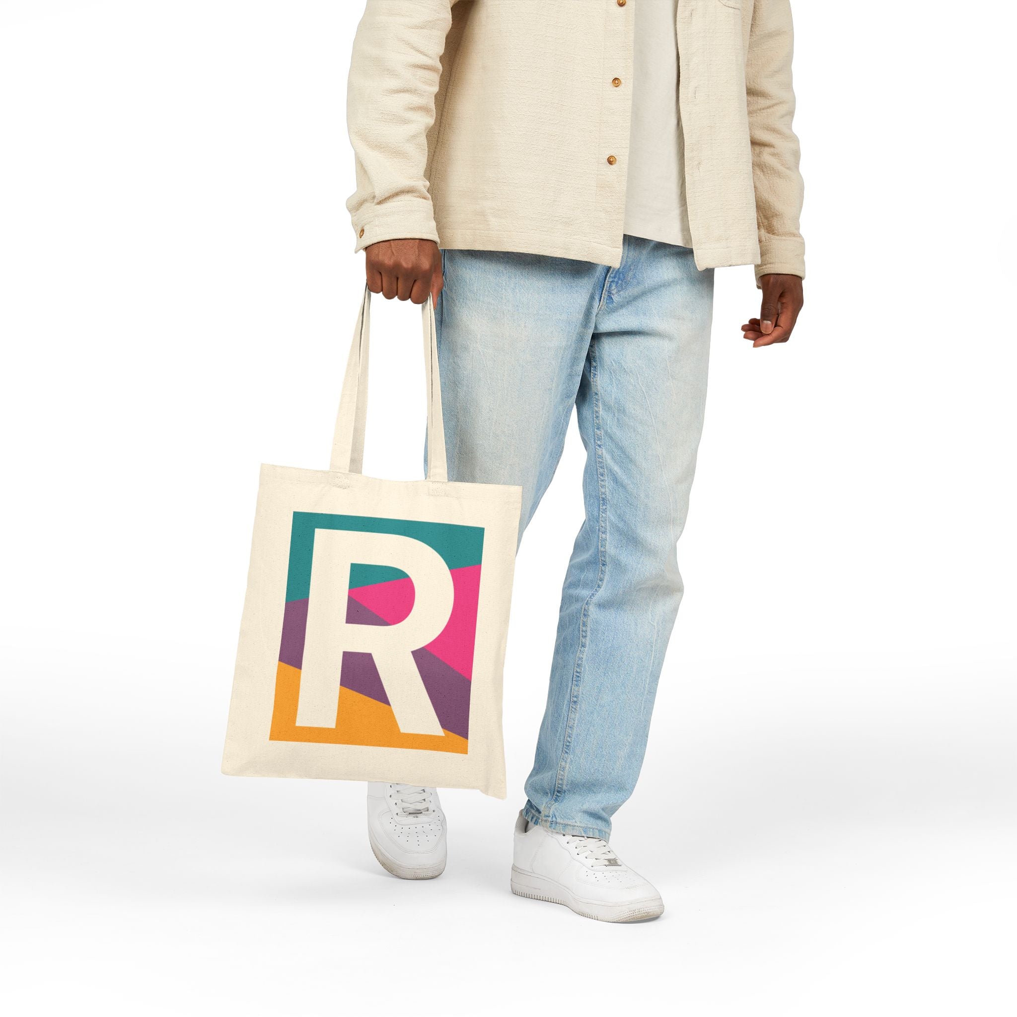 Initial R Colorblock Canvas Tote Bag — Monogram Letter R Reusable Grocery Tote