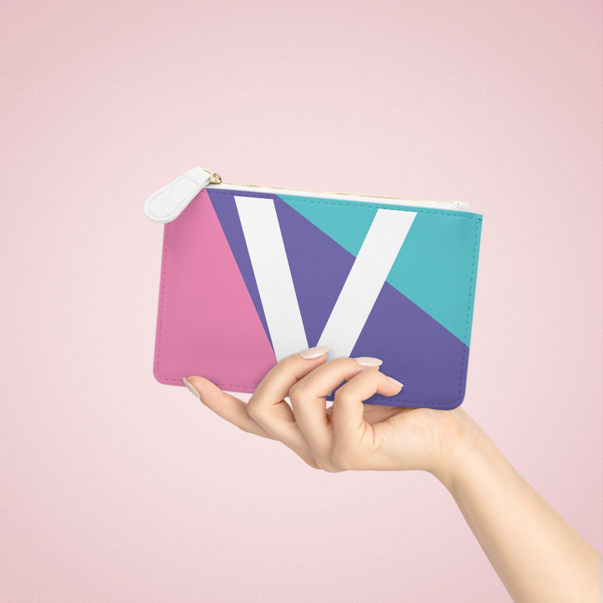 Initial V Mini Clutch — Colorblock Monogram Wristlet Wallet