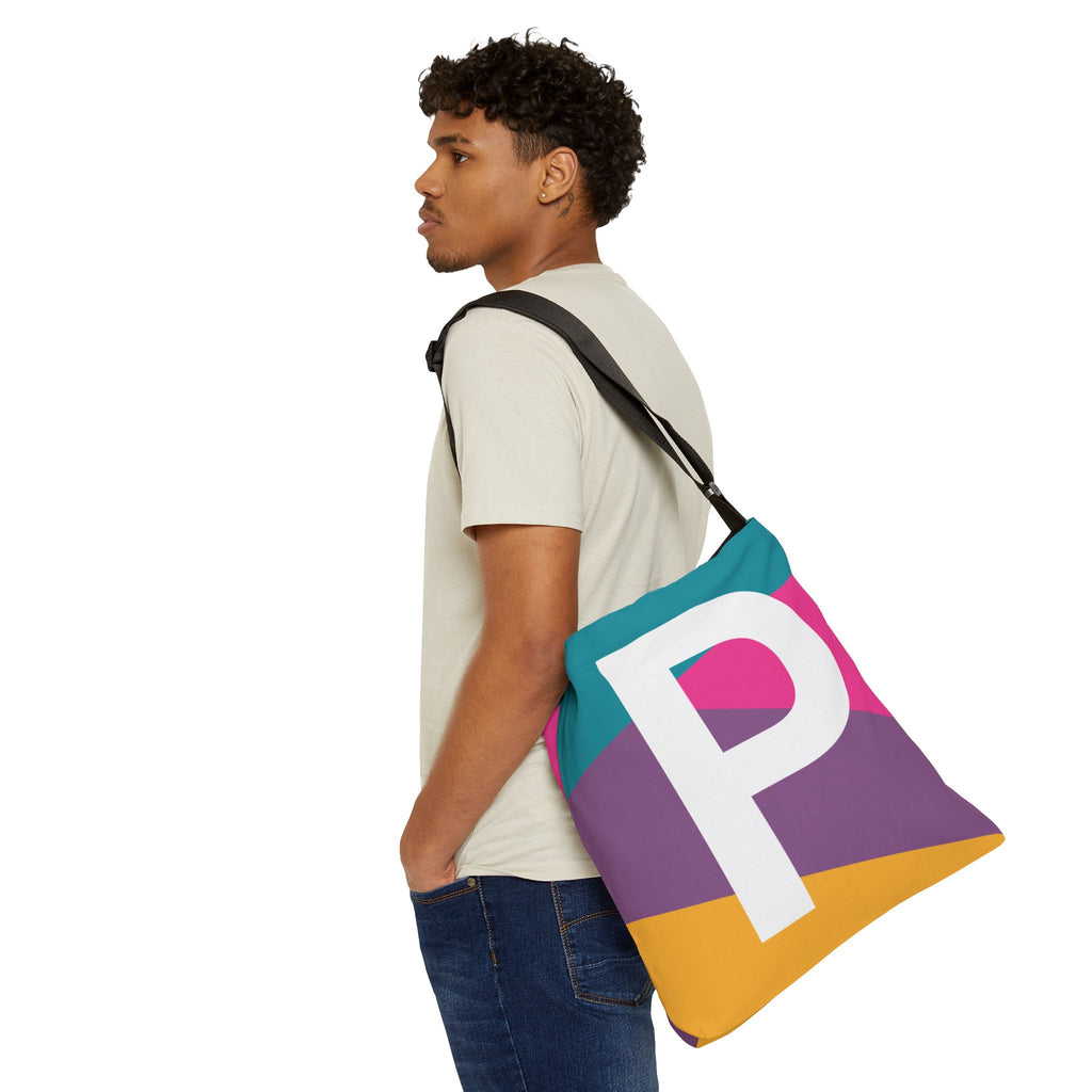 Initial Letter 'P' Colorblock Adjustable Tote Bag — Monogram Alphabet Shoulder Bag