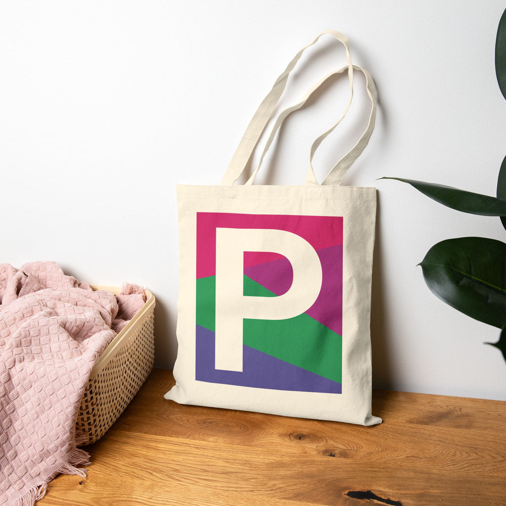 Initial P Colorblock Canvas Tote Bag — Monogram Letter P Reusable Grocery Tote