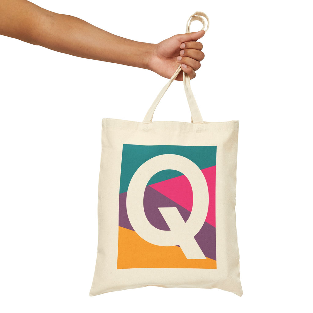 Initial Q Colorblock Canvas Tote Bag — Monogram Letter Q Reusable Grocery Tote